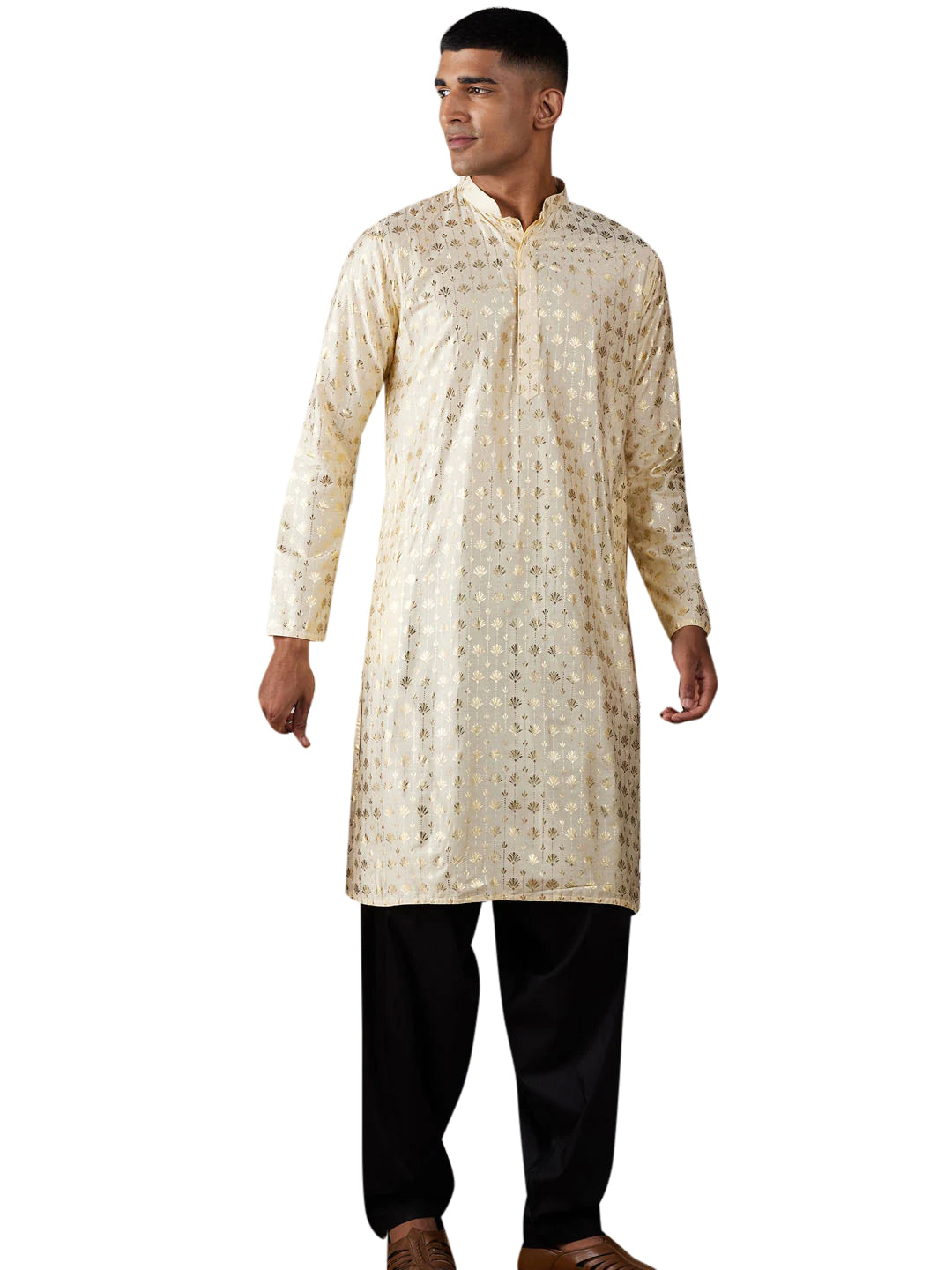 Men's Crème Art Silk Foil Print Kurta Pathani Set