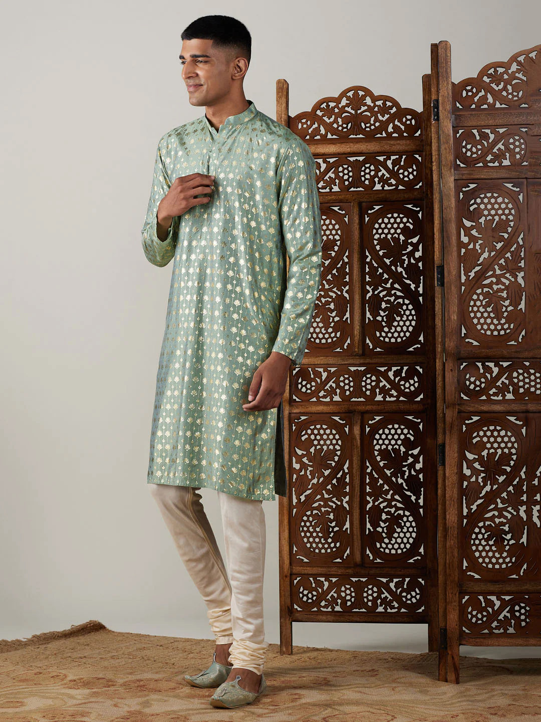 Teal Green Art Silk Foil Print Kurta Pant Set For Men