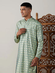 Teal Green Art Silk Foil Print Kurta Pant Set For Men