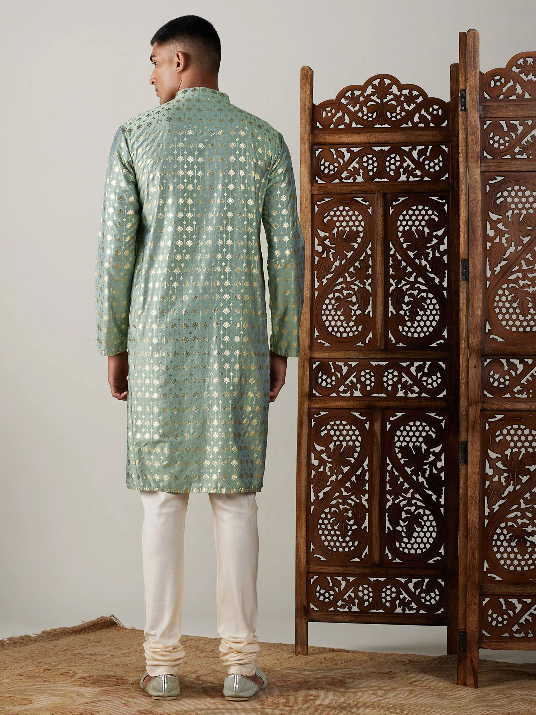 Teal Green Art Silk Foil Print Kurta Pant Set For Men