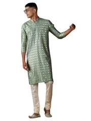 Teal Green Art Silk Foil Print Kurta Pant Set For Men