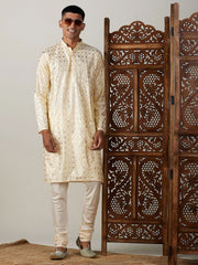 Men's Crème Art Silk Foil Print Kurta Pant Set