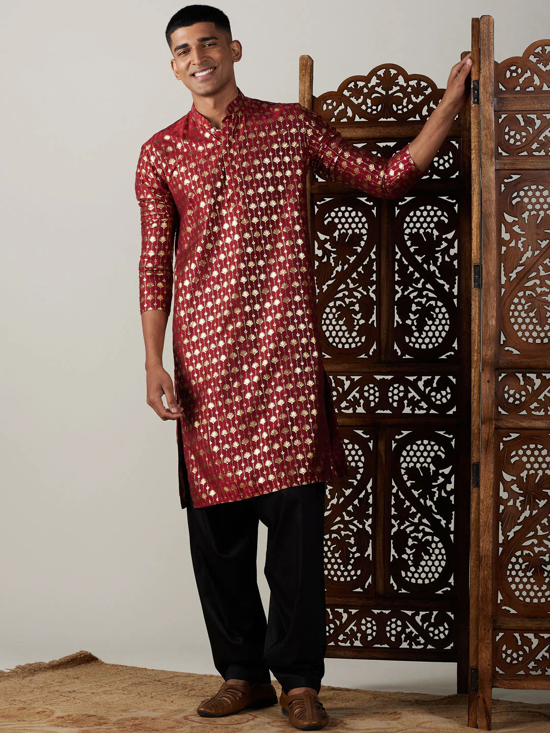 Men's Red Art Silk Foil Print Kurta Pathani Set