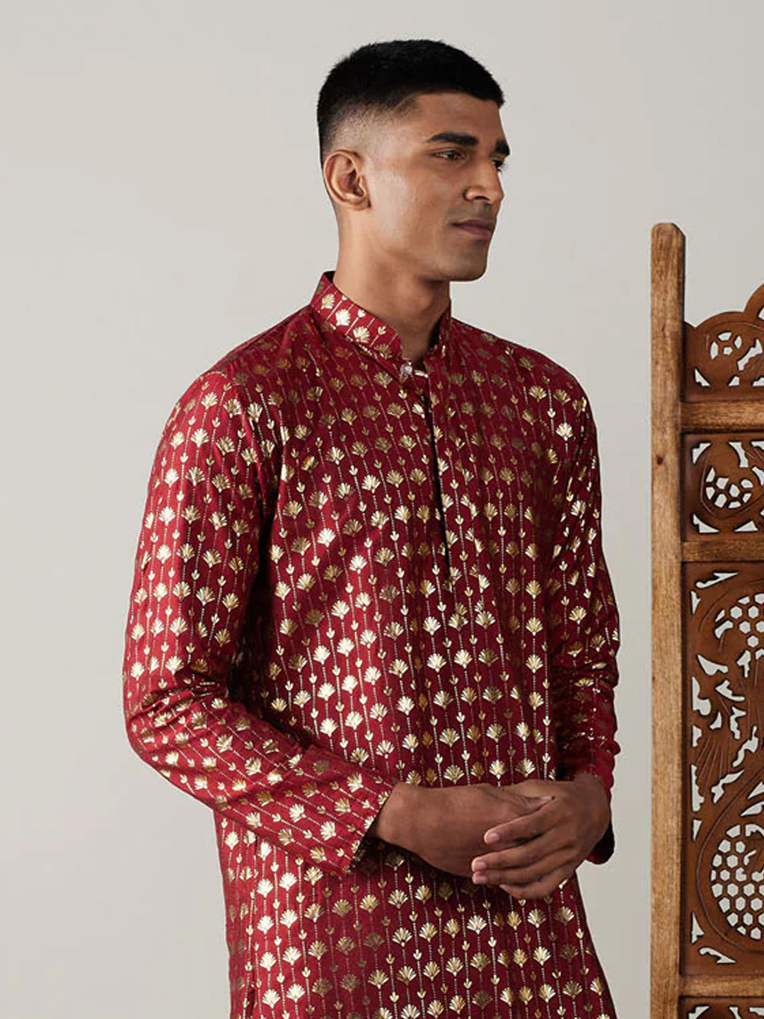 Men's Red Art Silk Foil Print Kurta Pathani Set