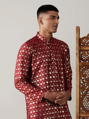 Men's Red Art Silk Foil Print Kurta Pathani Set