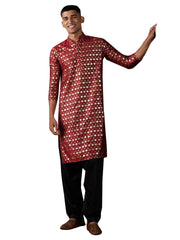 Men's Red Art Silk Foil Print Kurta Pathani Set