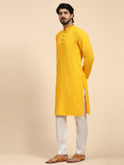 Men's Yellow Rayon Cotton ChikanKari Kurta Pajama Set