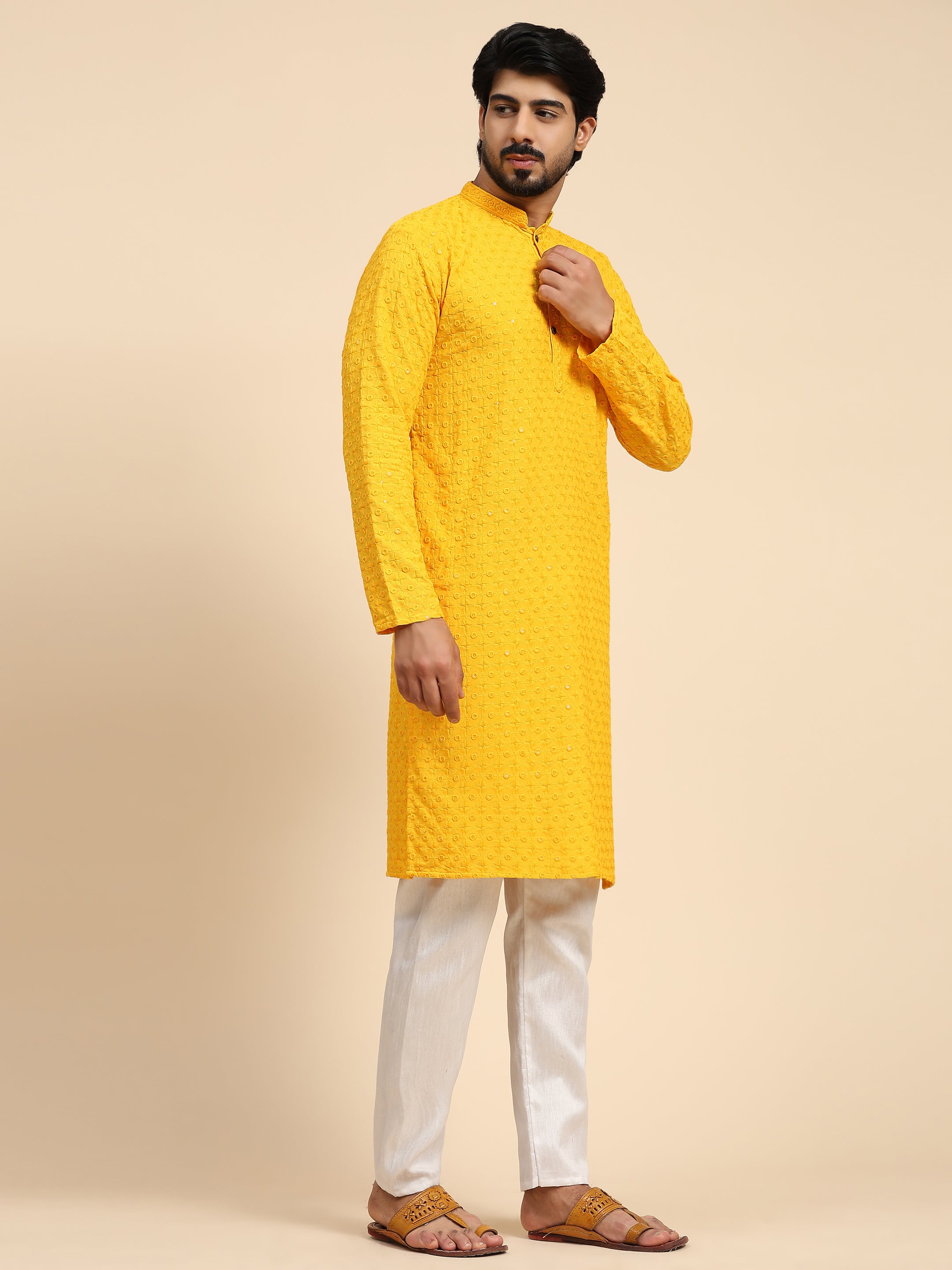 Men's Yellow Rayon Cotton ChikanKari Kurta Pajama Set