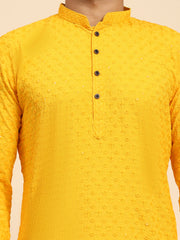 Men's Yellow Rayon Cotton ChikanKari Kurta Pajama Set