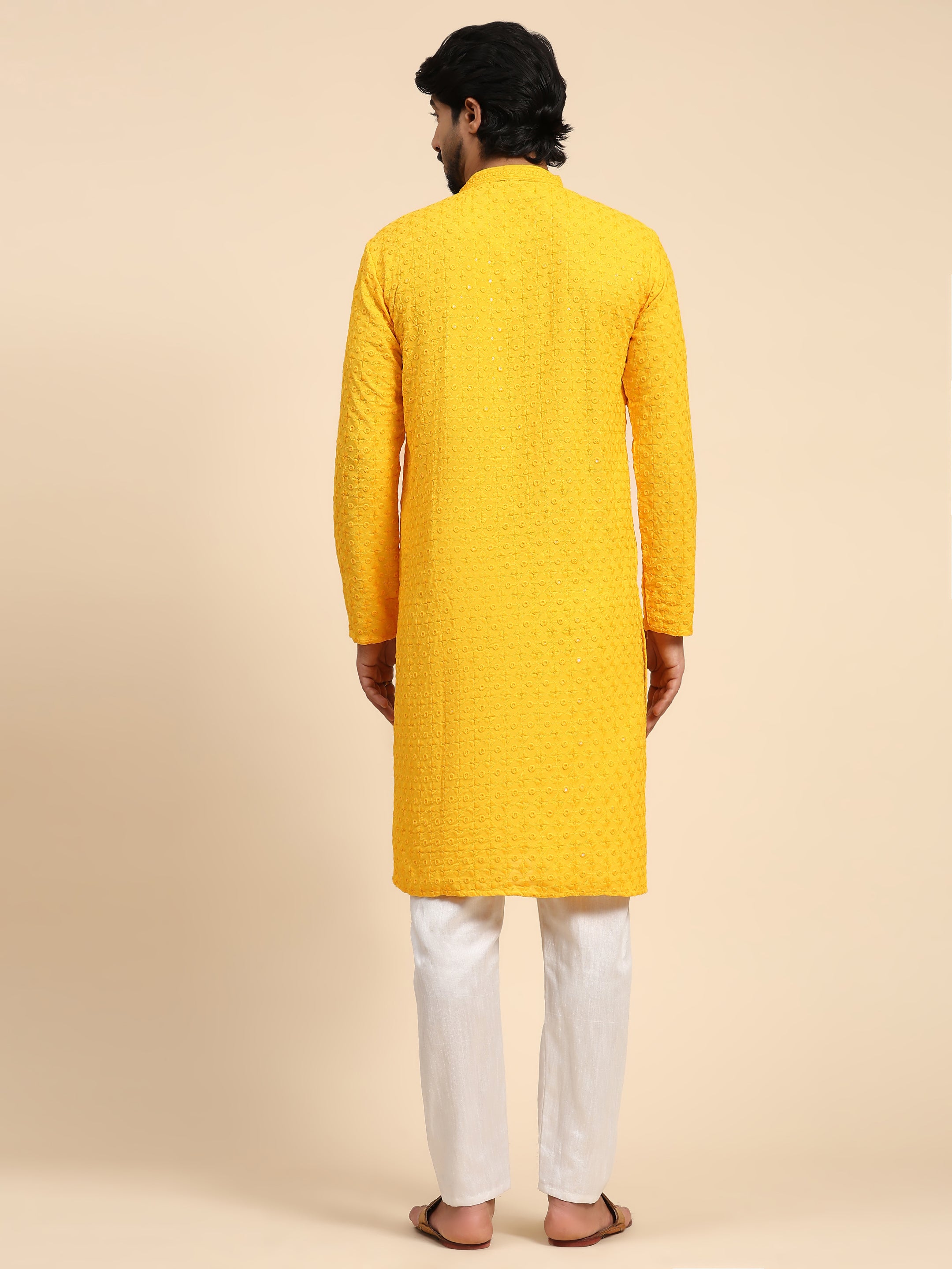 Men's Yellow Rayon Cotton ChikanKari Kurta Pajama Set