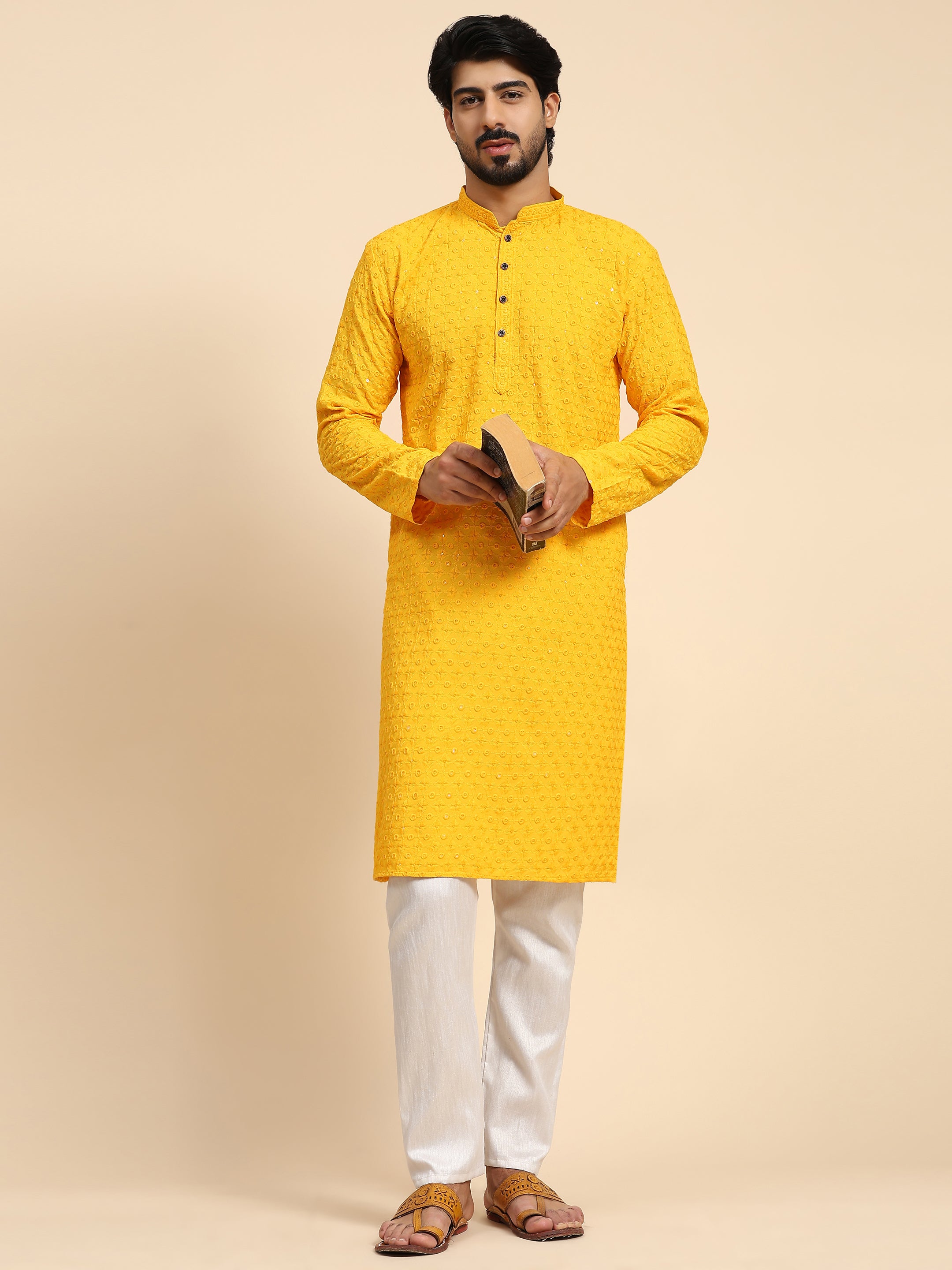 Men's Yellow Rayon Cotton ChikanKari Kurta Pajama Set