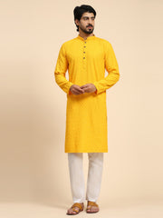 Men's Yellow Rayon Cotton ChikanKari Kurta Pajama Set