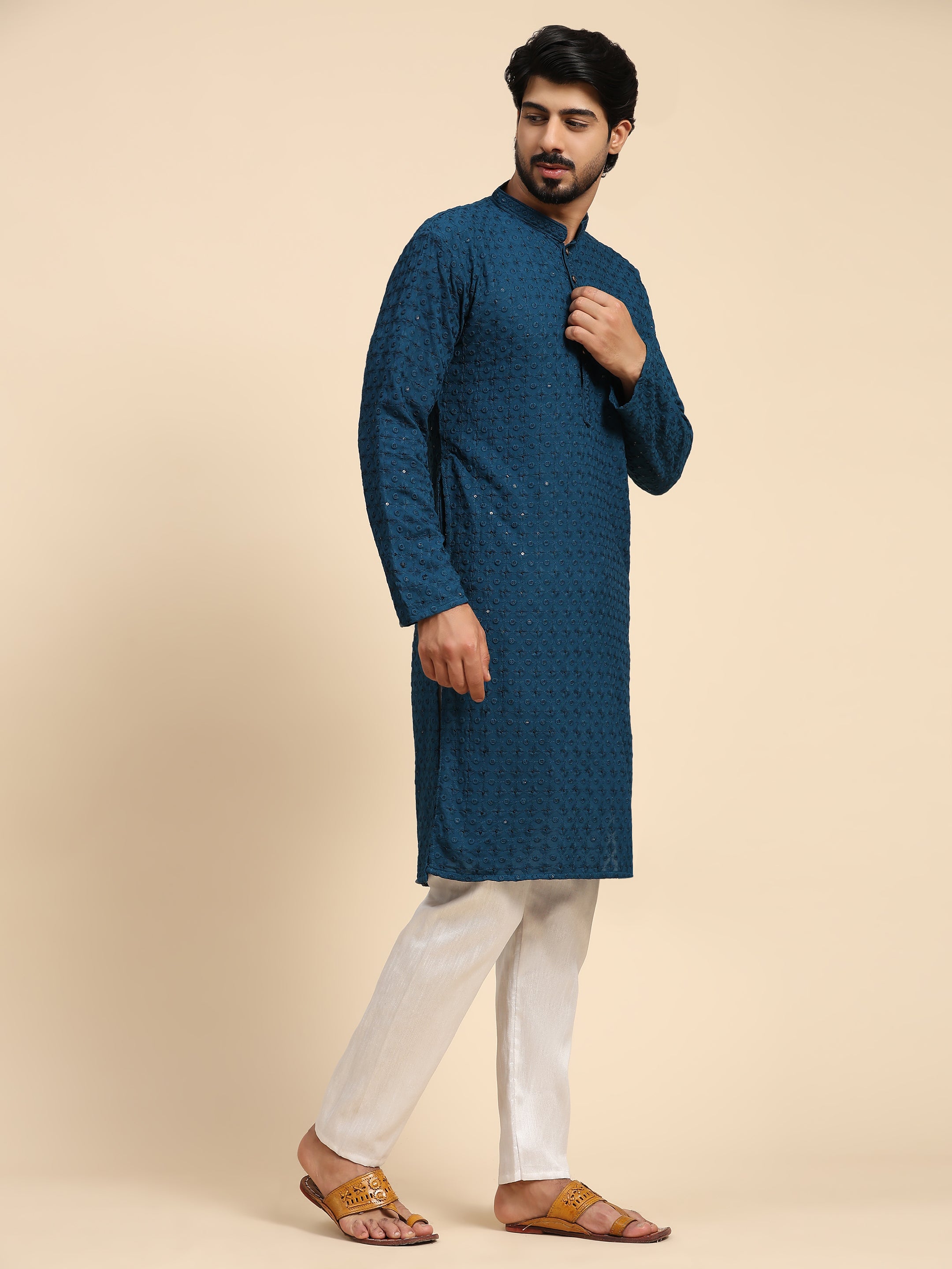 Men's Cyan Blue Rayon Cotton ChikanKari Kurta Pajama Set