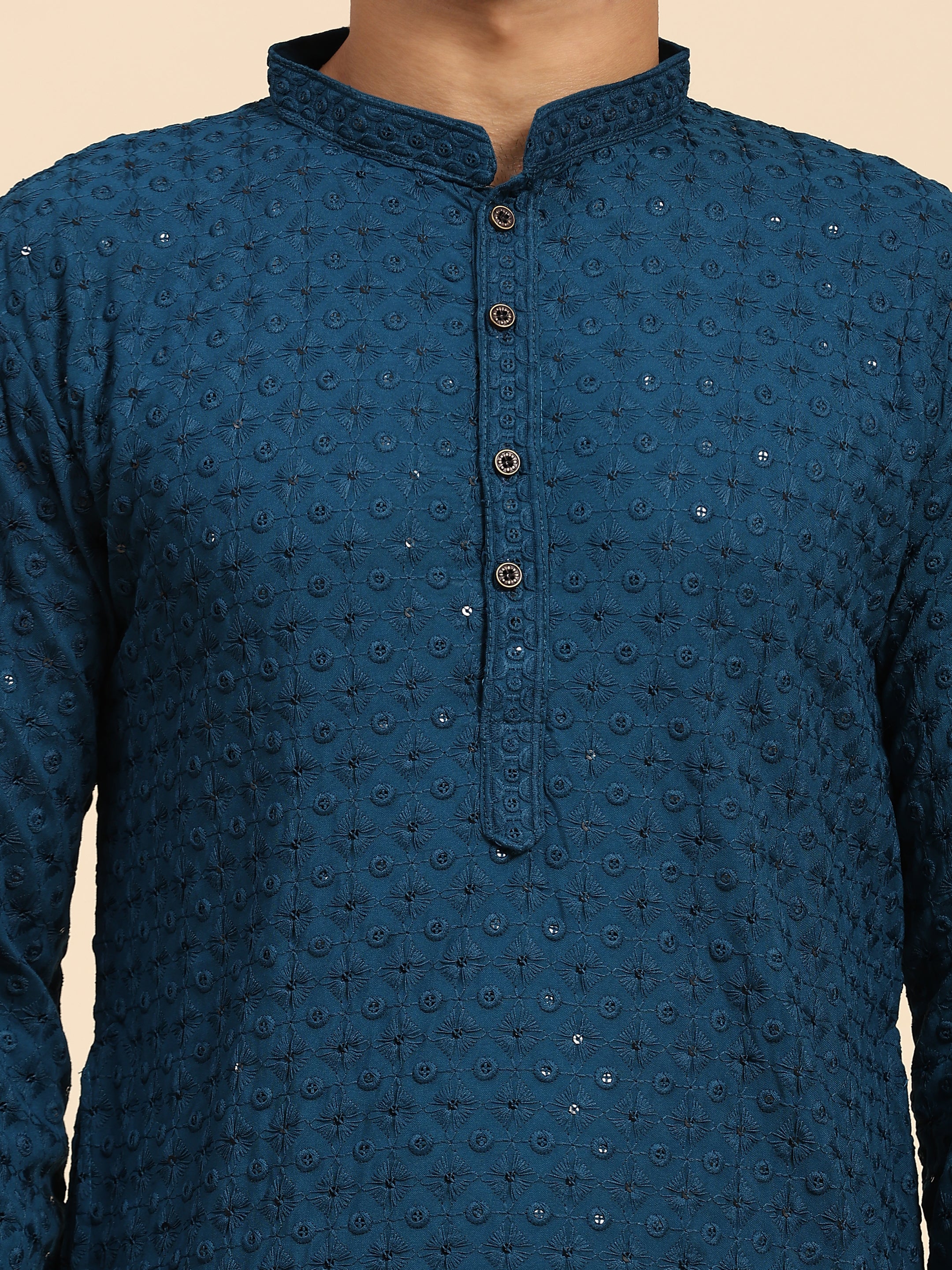 Men's Cyan Blue Rayon Cotton ChikanKari Kurta Pajama Set