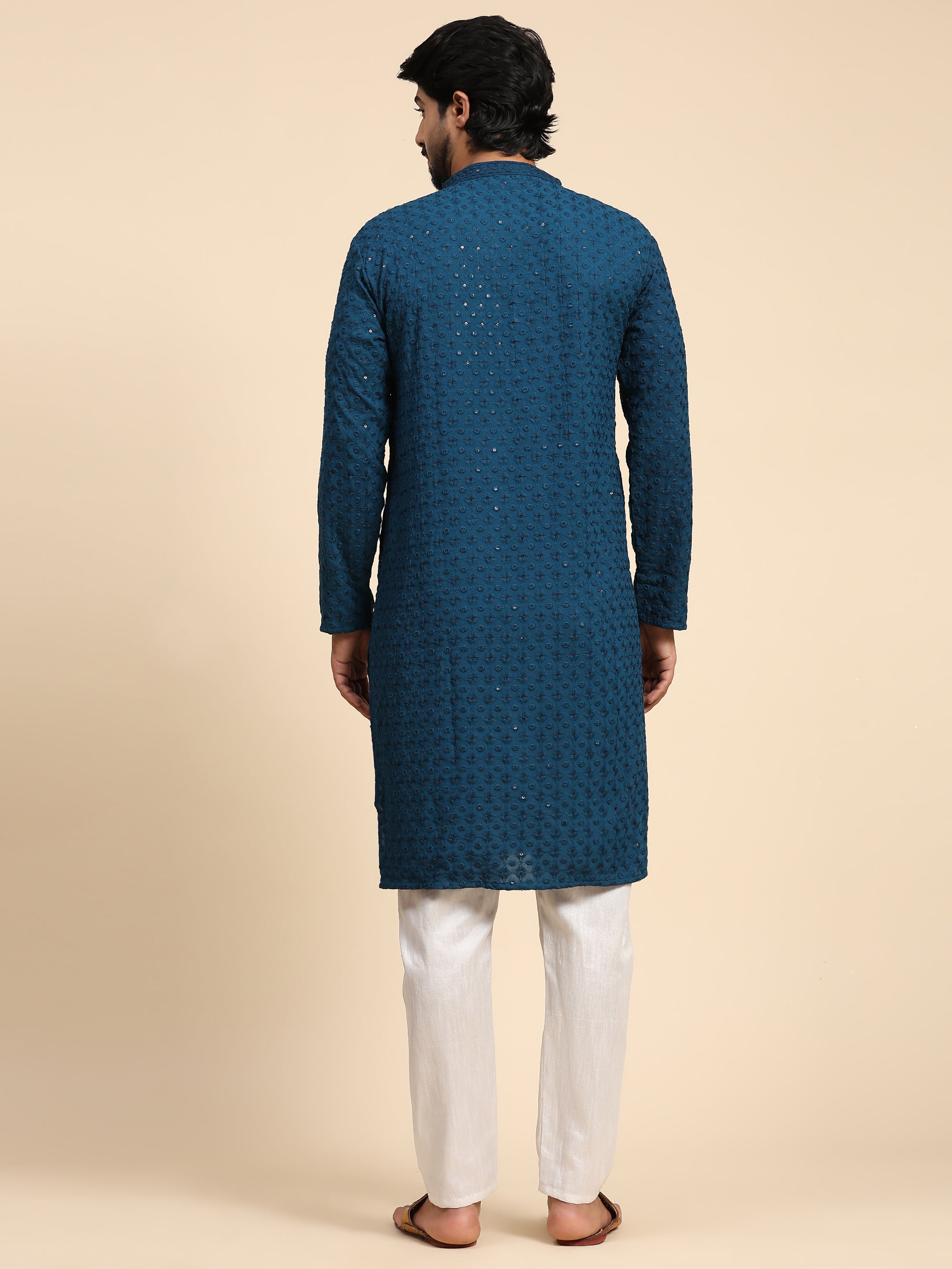 Men's Cyan Blue Rayon Cotton ChikanKari Kurta Pajama Set