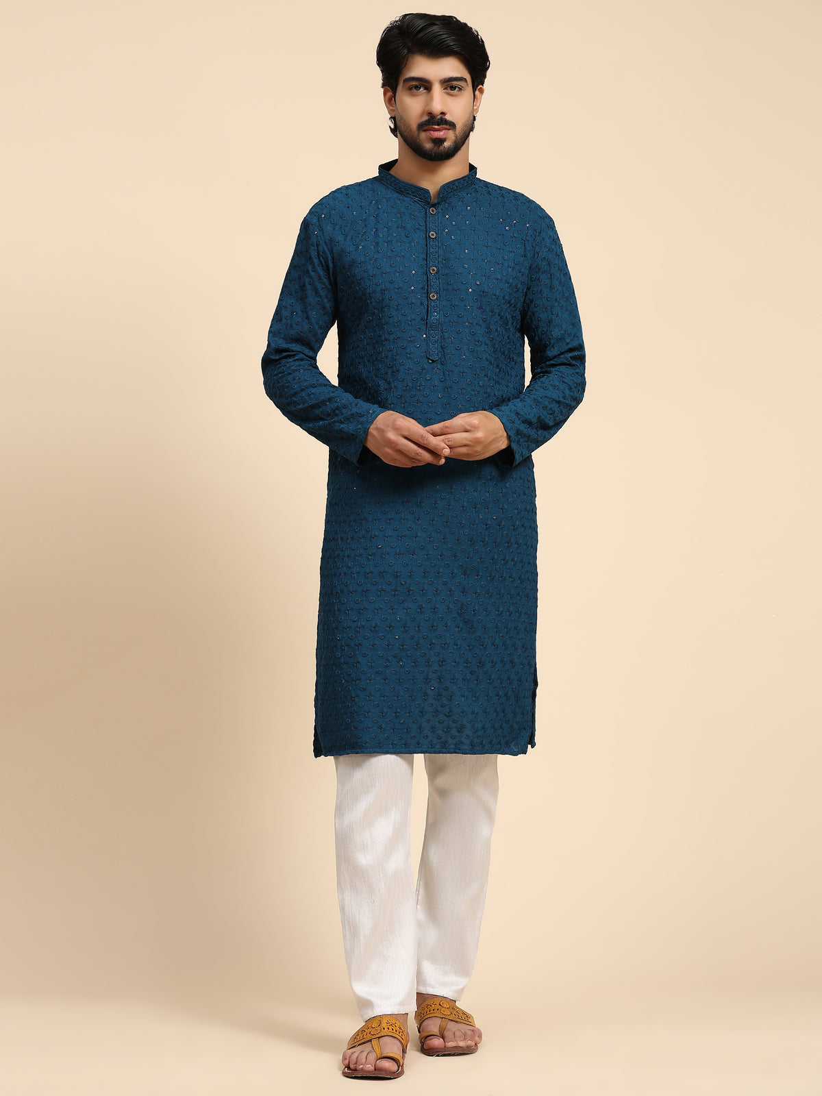 Men's Cyan Blue Rayon Cotton ChikanKari Kurta Pajama Set