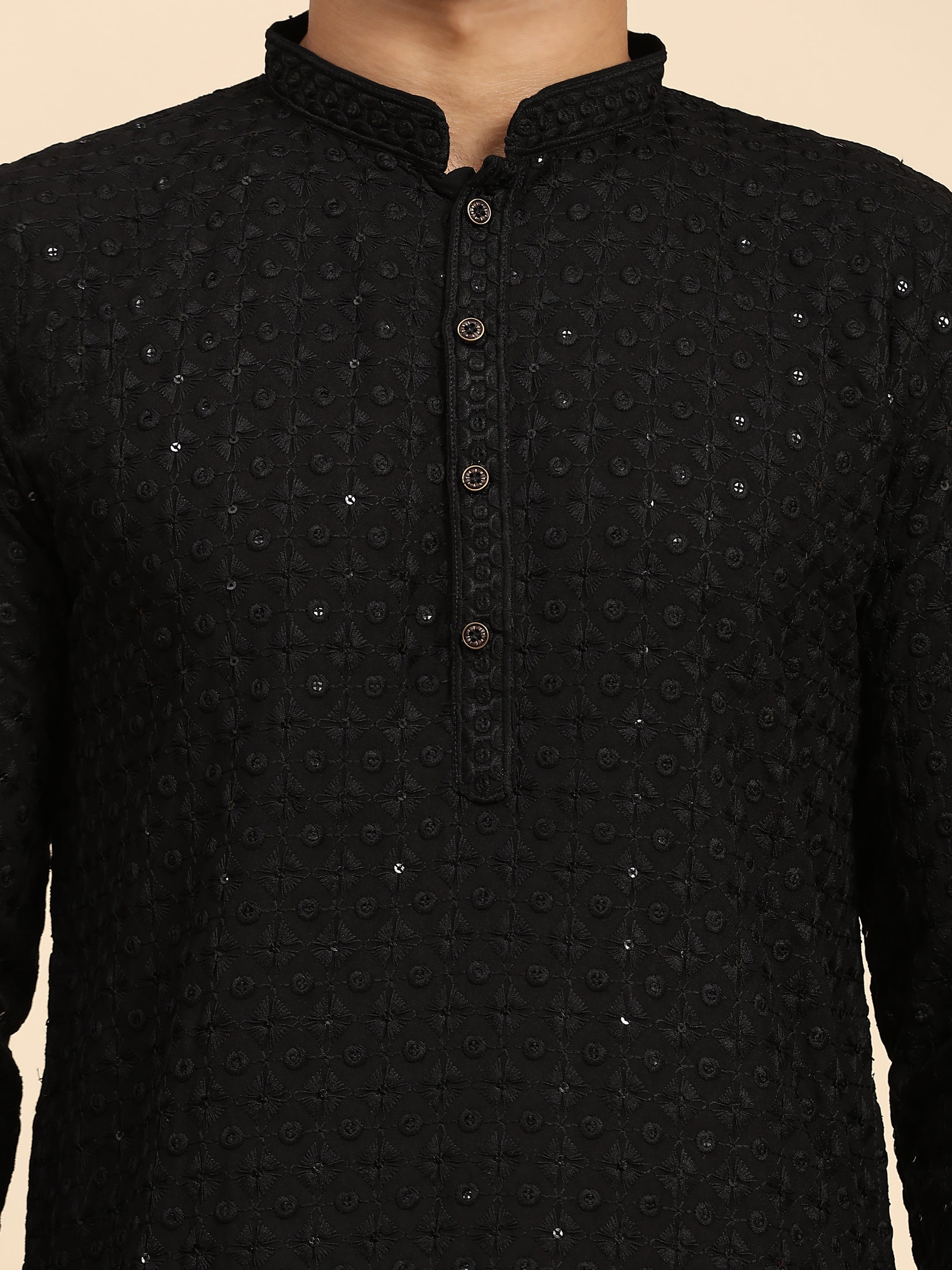 Men's Black Rayon Cotton ChikanKari Kurta Pajama Set