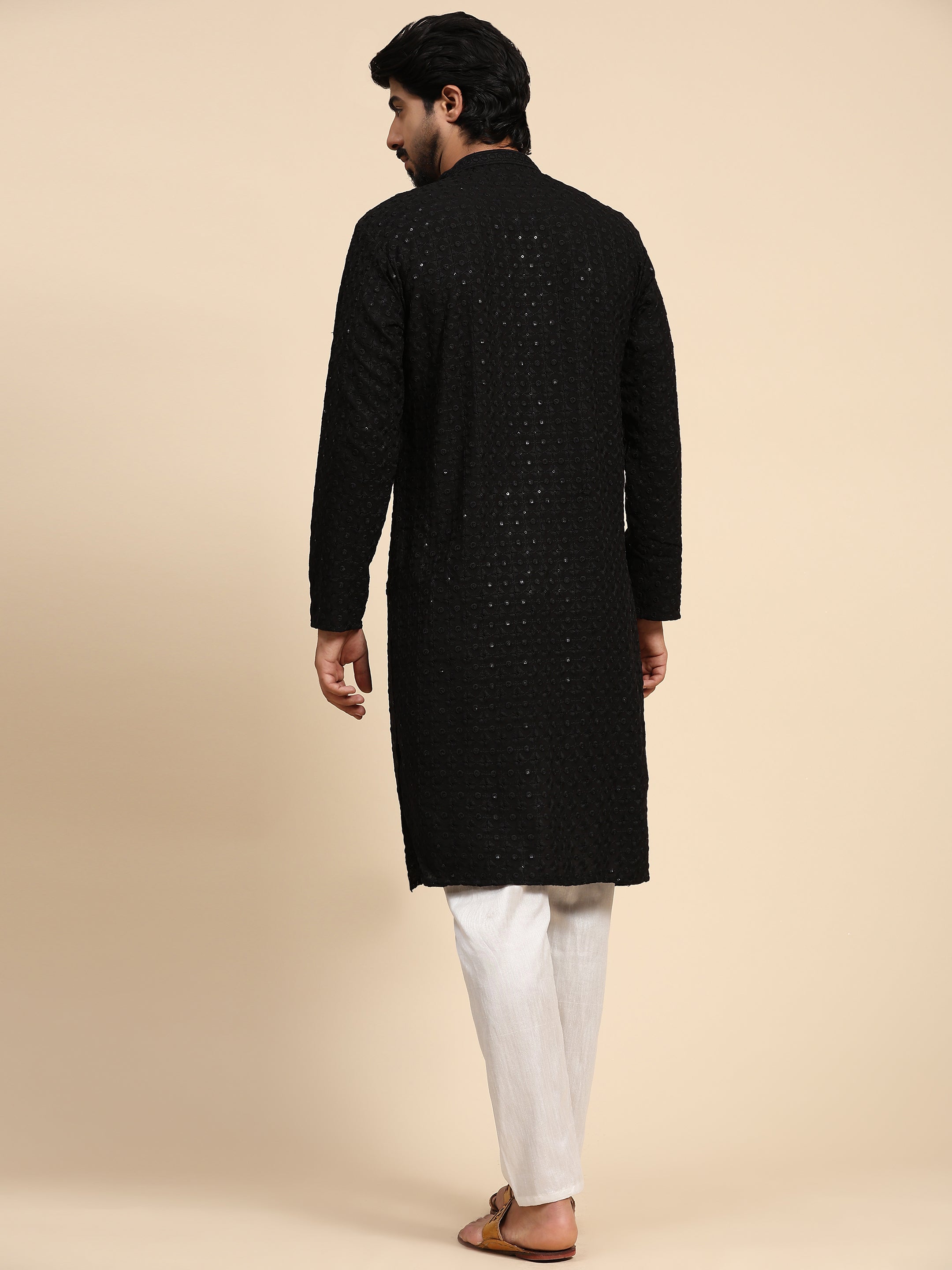 Men's Black Rayon Cotton ChikanKari Kurta Pajama Set