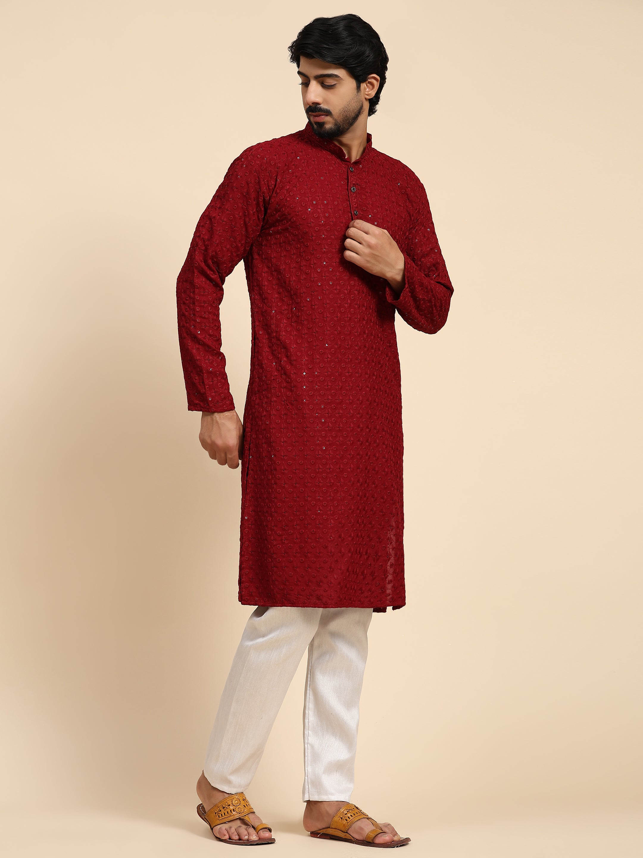 Men's Maroon Rayon Cotton ChikanKari Kurta Pajama Set