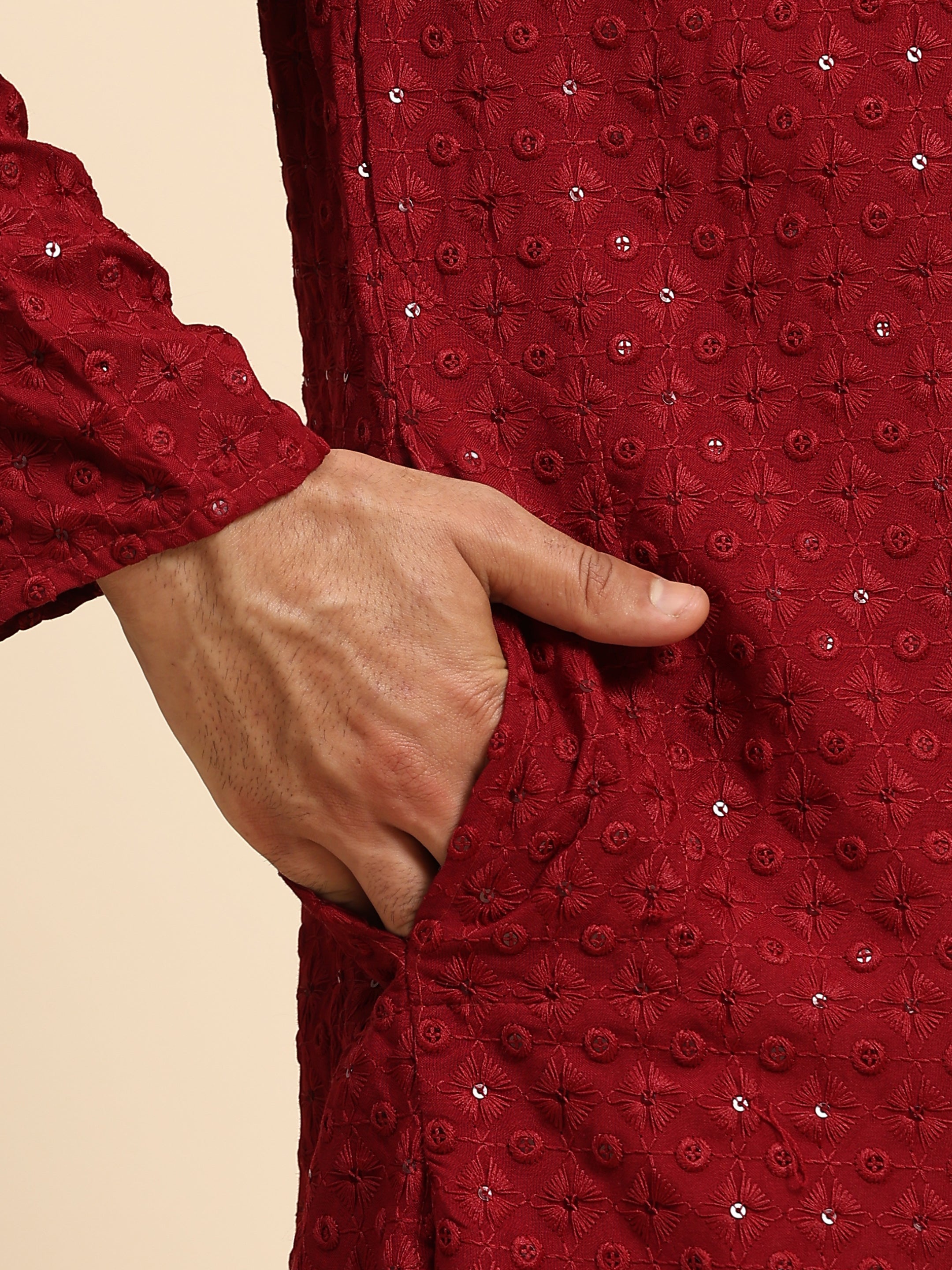 Men's Maroon Rayon Cotton ChikanKari Kurta Pajama Set