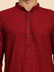 Men's Maroon Rayon Cotton ChikanKari Kurta Pajama Set