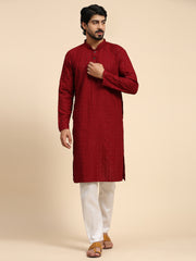 Men's Maroon Rayon Cotton ChikanKari Kurta Pajama Set