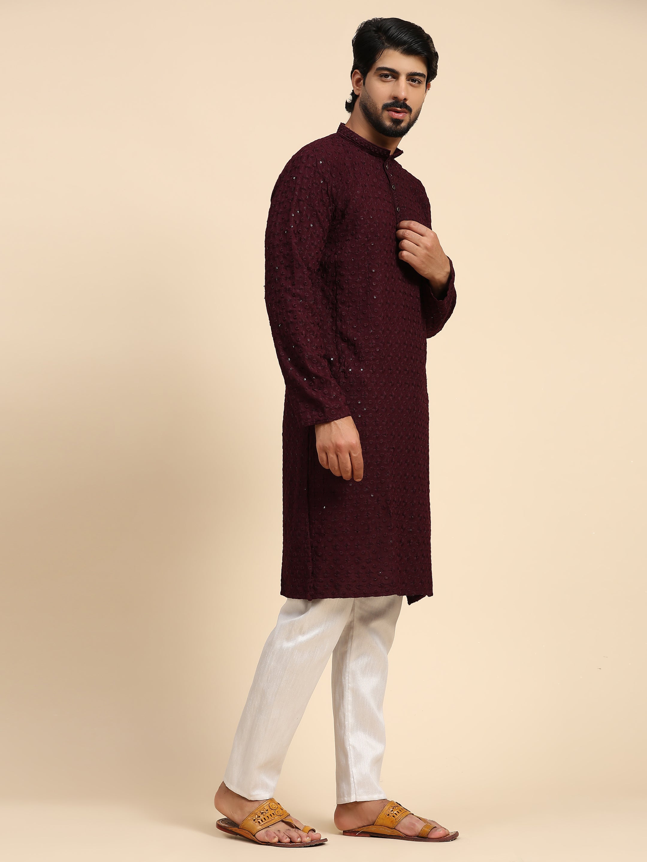 Men's Wine Rayon Cotton ChikanKari Kurta Pajama Set