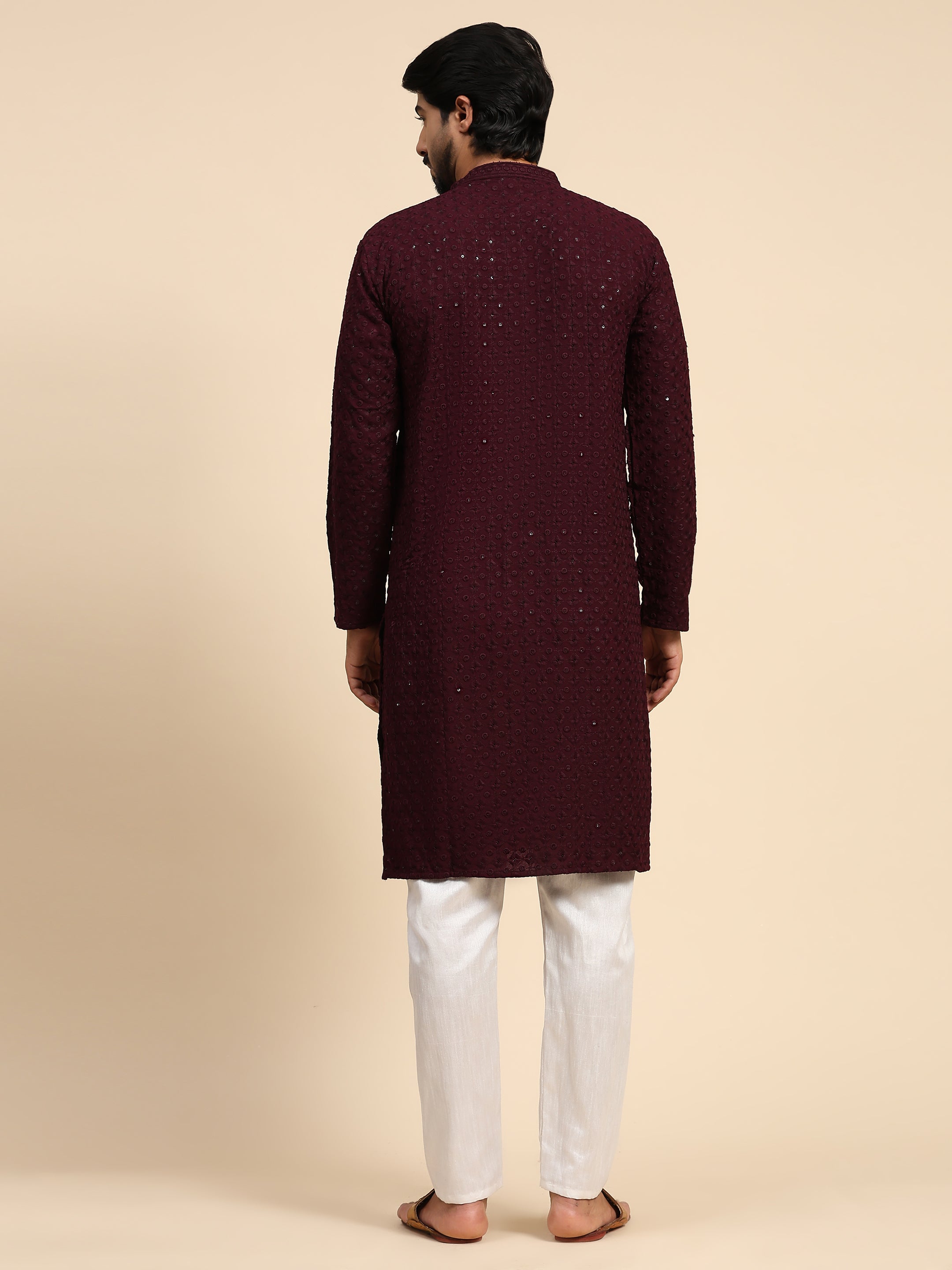 Men's Wine Rayon Cotton ChikanKari Kurta Pajama Set