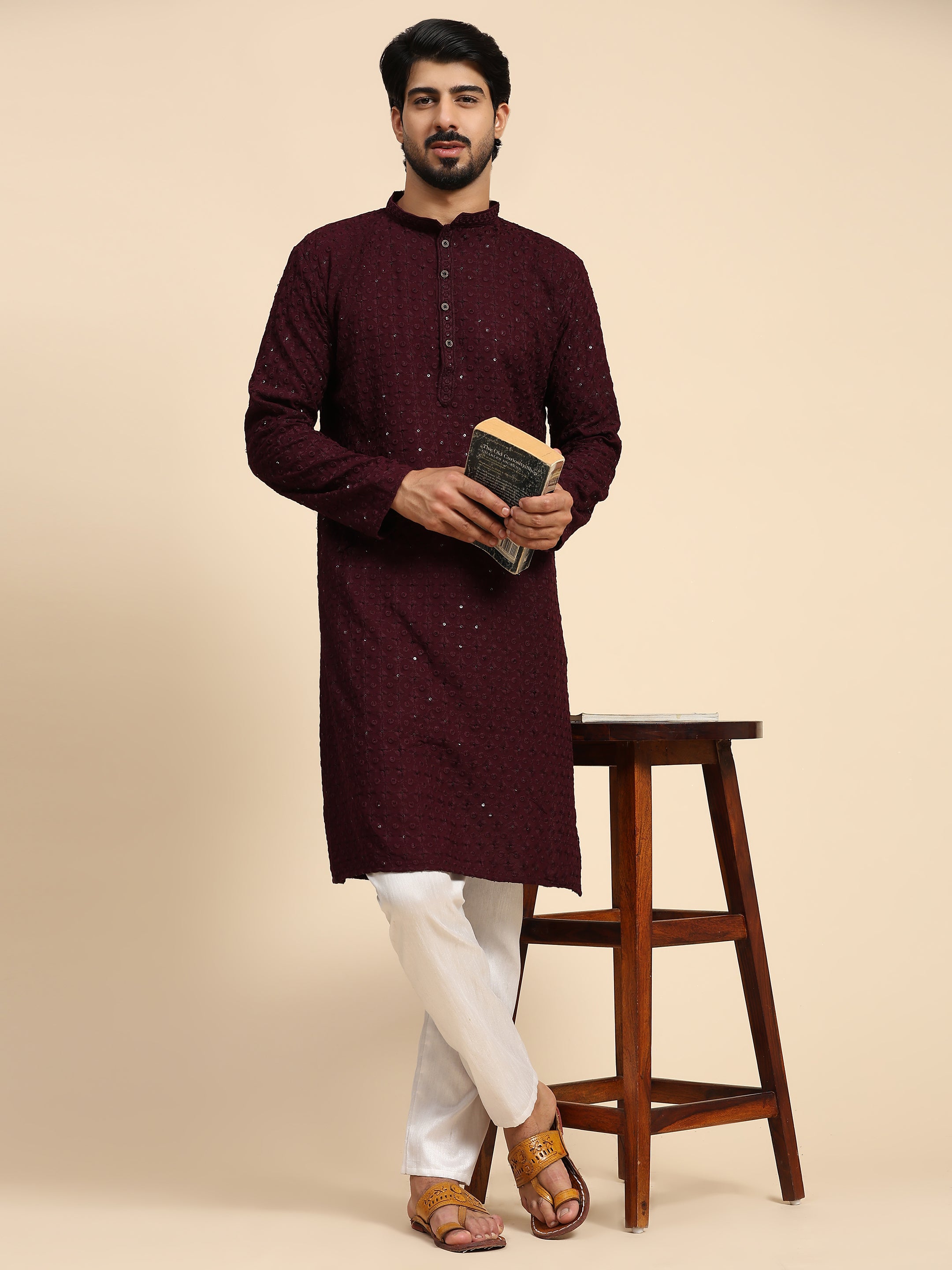 Men's Wine Rayon Cotton ChikanKari Kurta Pajama Set