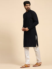 Men's Blue Rayon Cotton ChikanKari Kurta Pajama Set