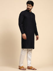 Men's Blue Rayon Cotton ChikanKari Kurta Pajama Set