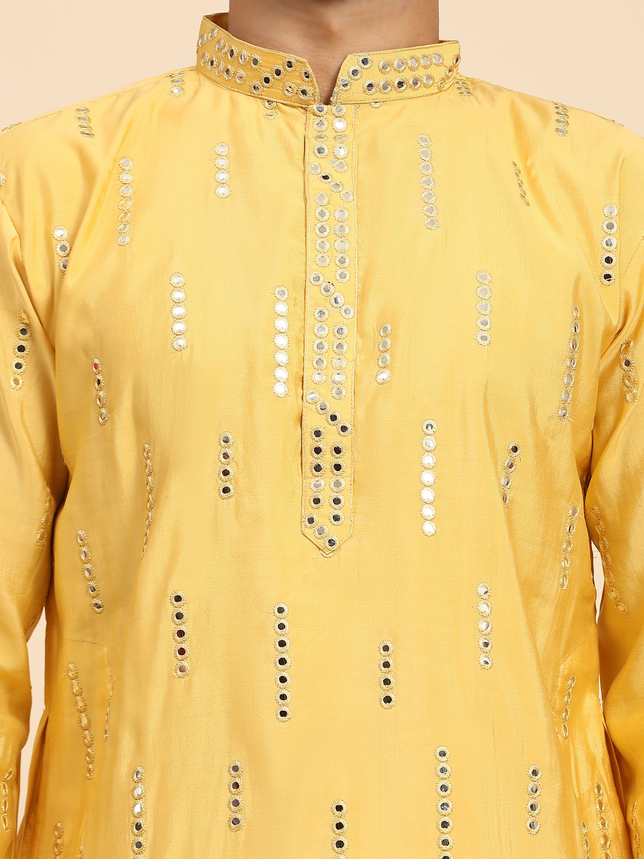 Men's Yellow Silk Mirror Kurta Pajama Set