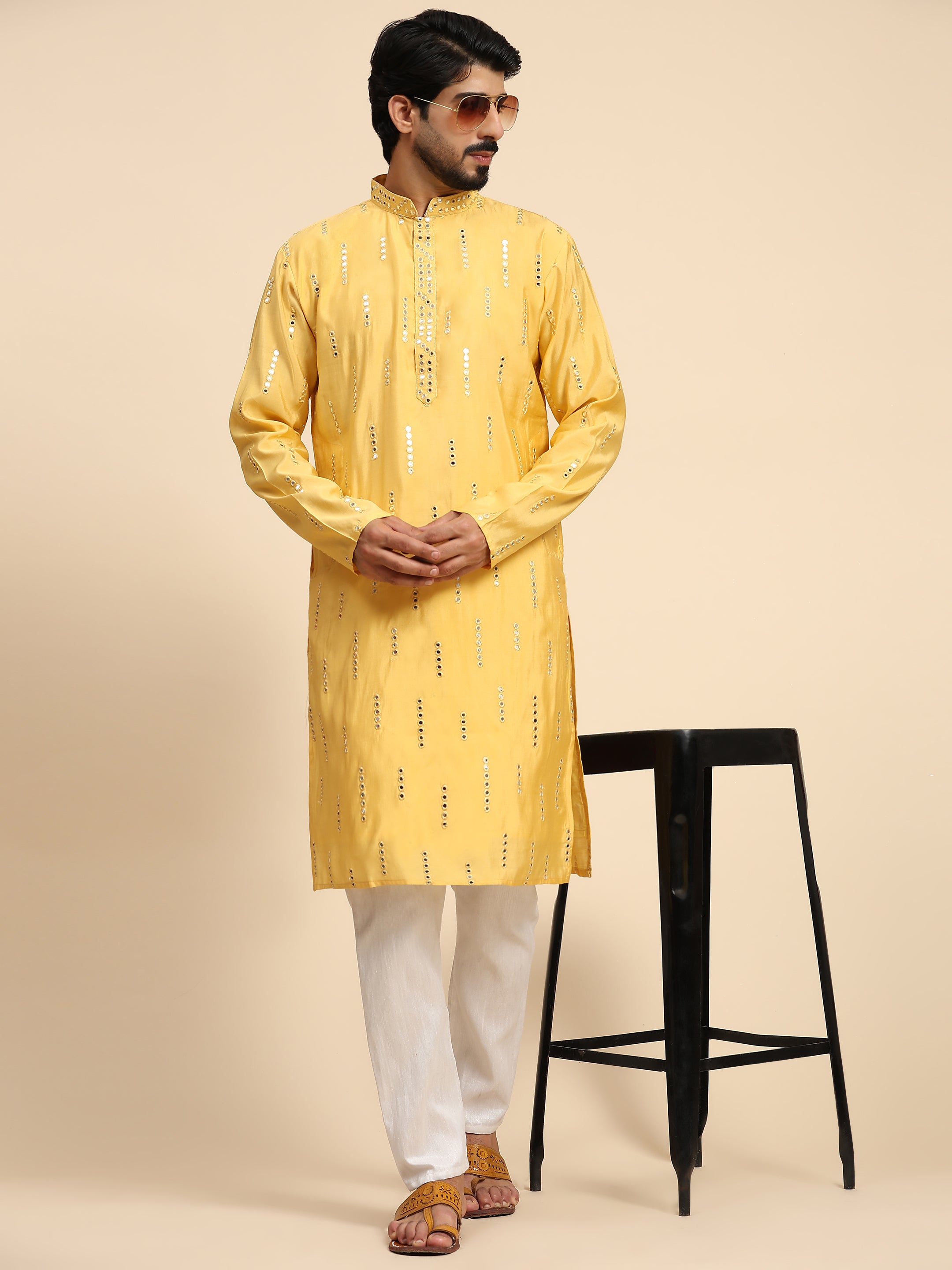 Men's Yellow Silk Mirror Kurta Pajama Set