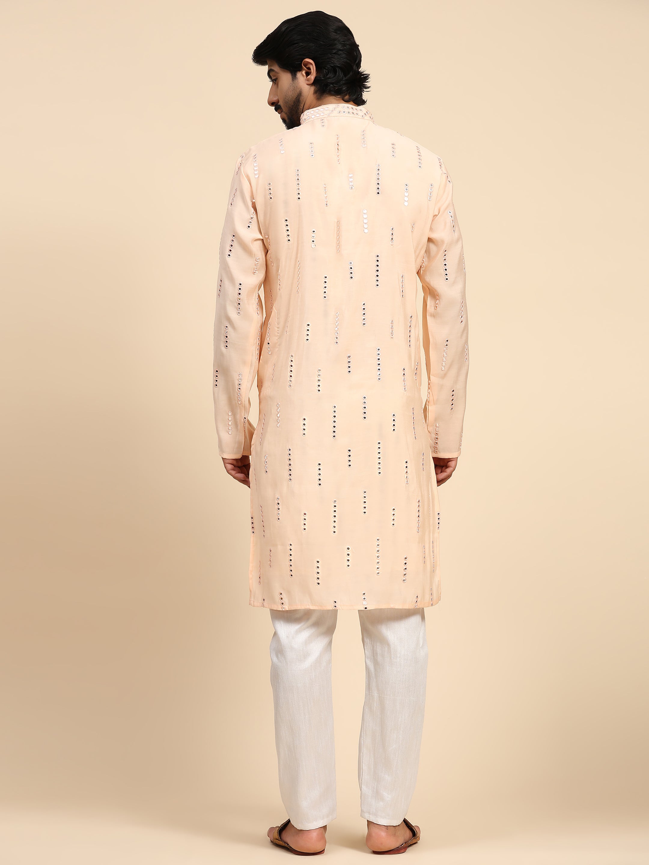 Ensemble pyjama Kurta en soie rose pâle pour homme avec effet miroir 