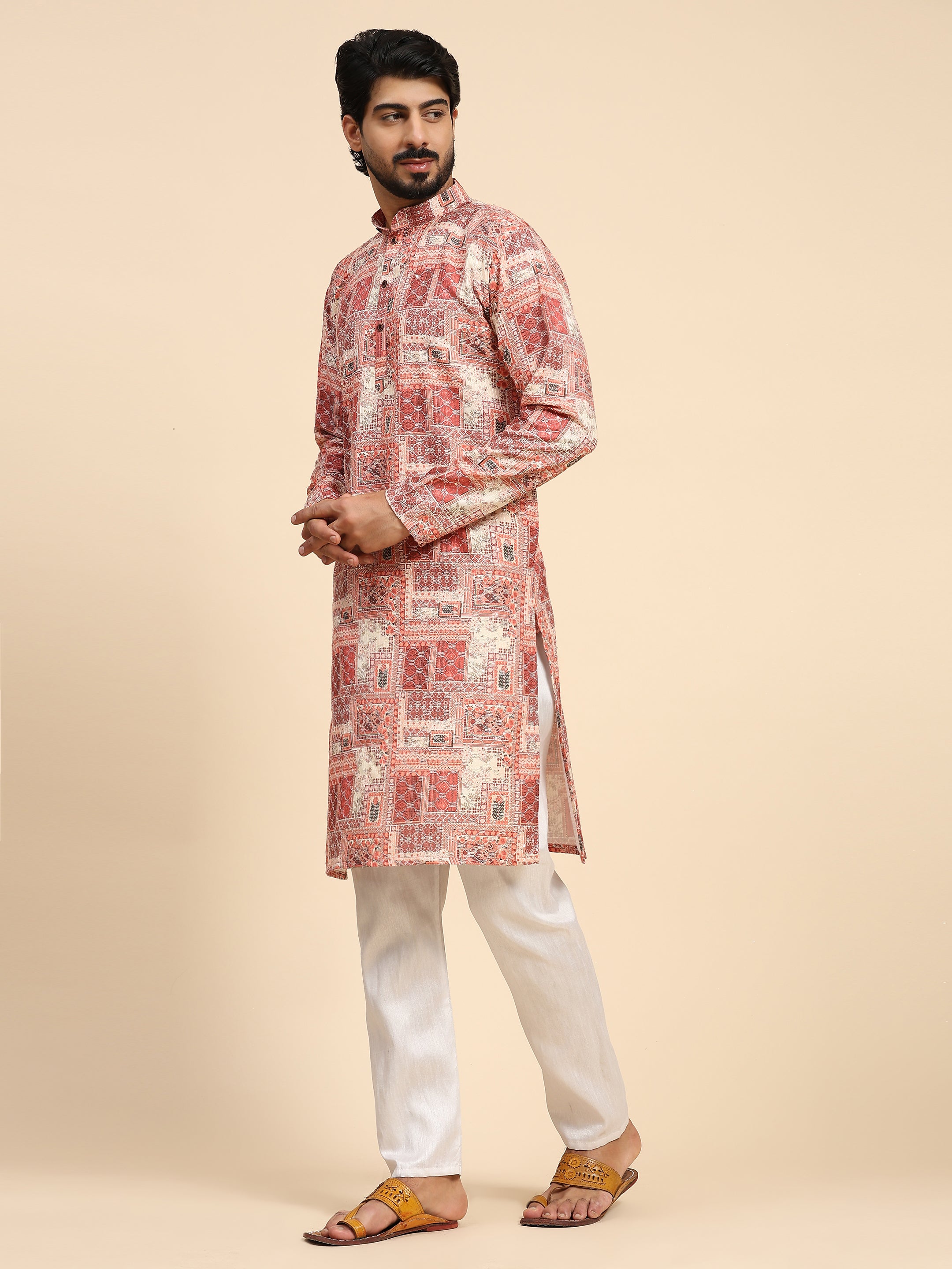 Men's Multi Cotton Sequins Abstract Print Kurta Pajama Set