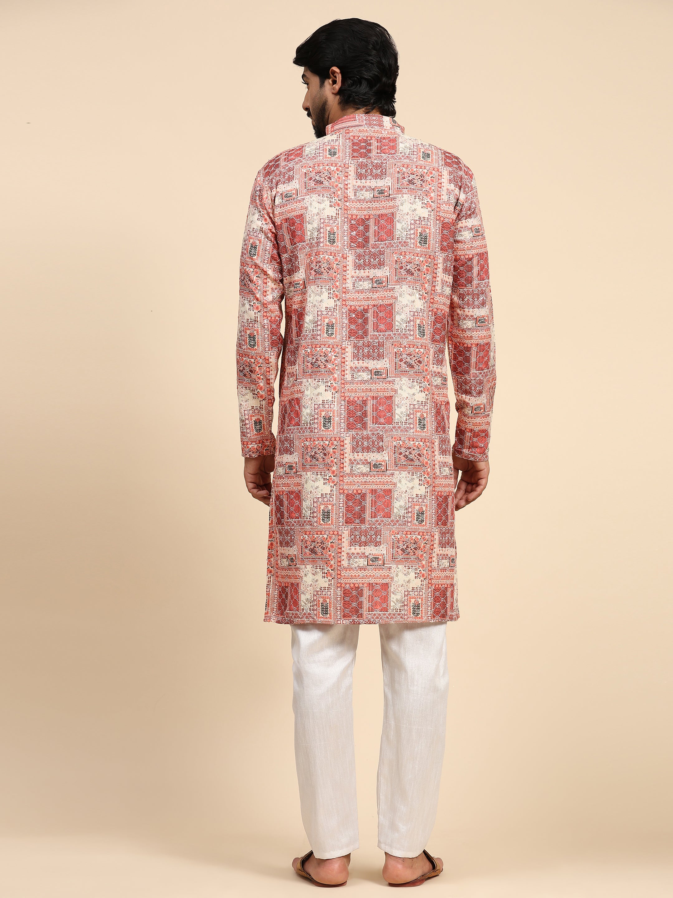 Men's Multi Cotton Sequins Abstract Print Kurta Pajama Set