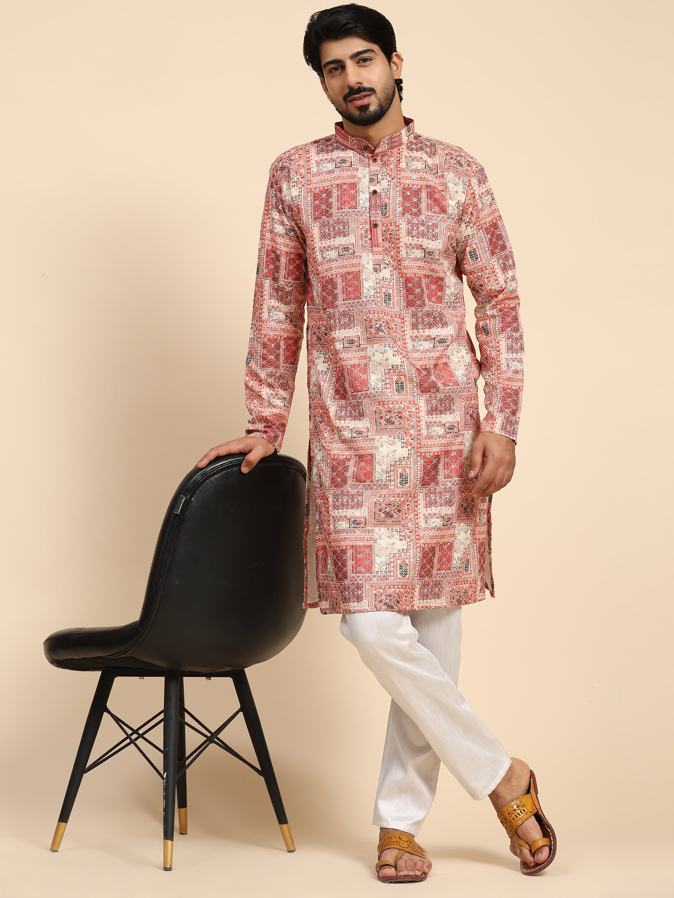 Men's Multi Cotton Sequins Abstract Print Kurta Pajama Set