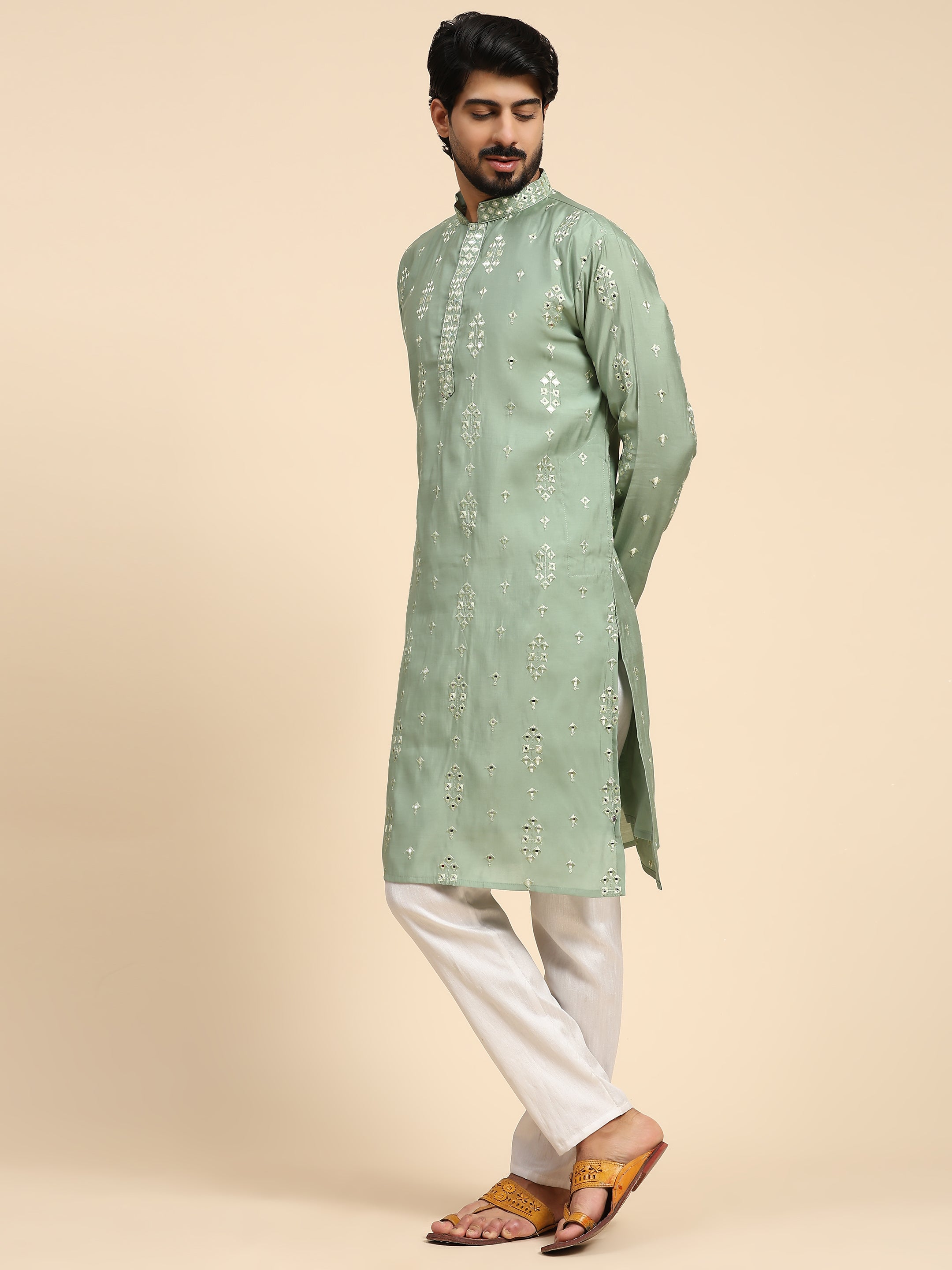 Men's Pastel Green Silk Mirror Kurta Pajama Set