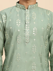 Men's Pastel Green Silk Mirror Kurta Pajama Set