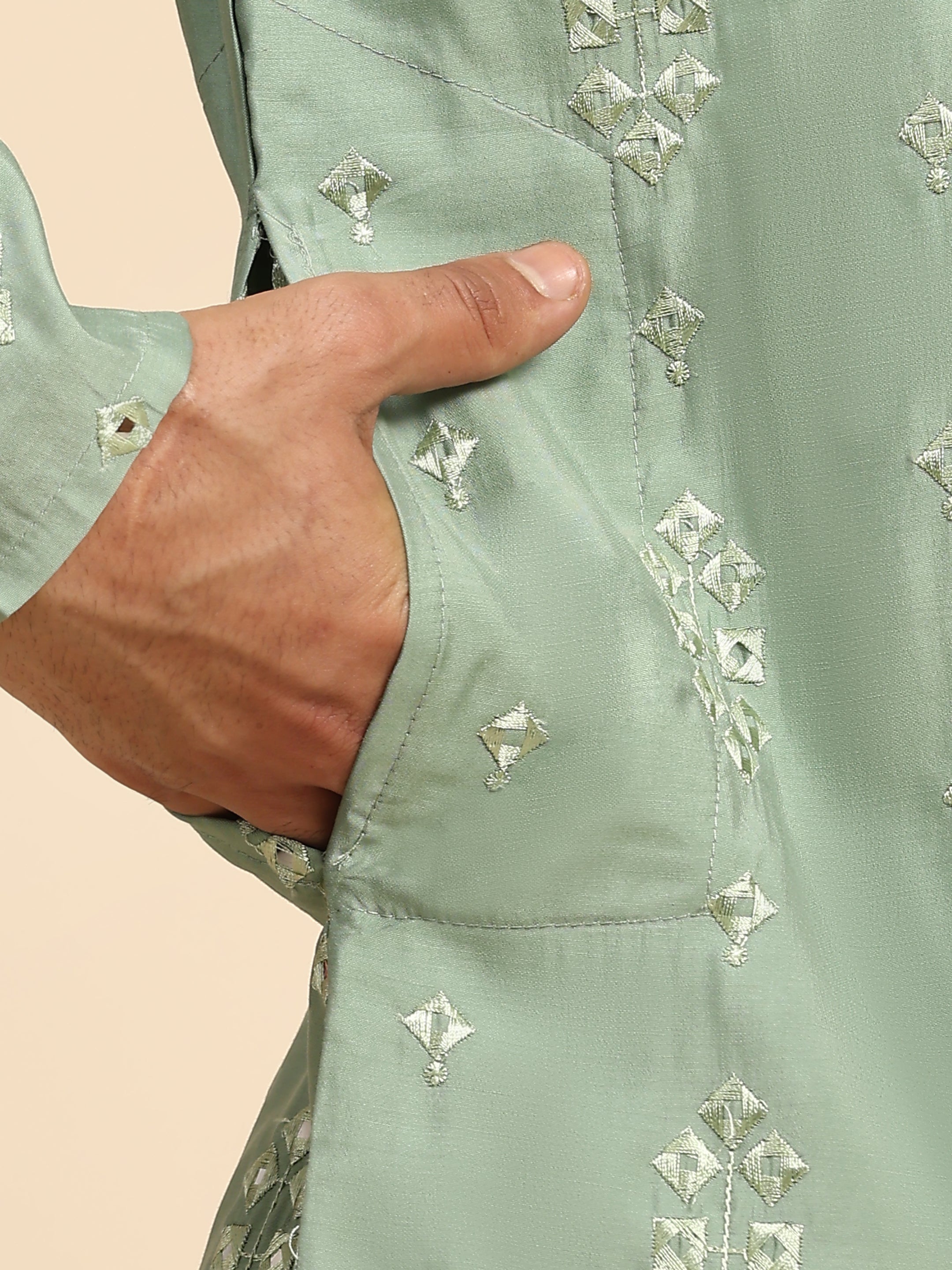 Men's Pastel Green Silk Mirror Kurta Pajama Set