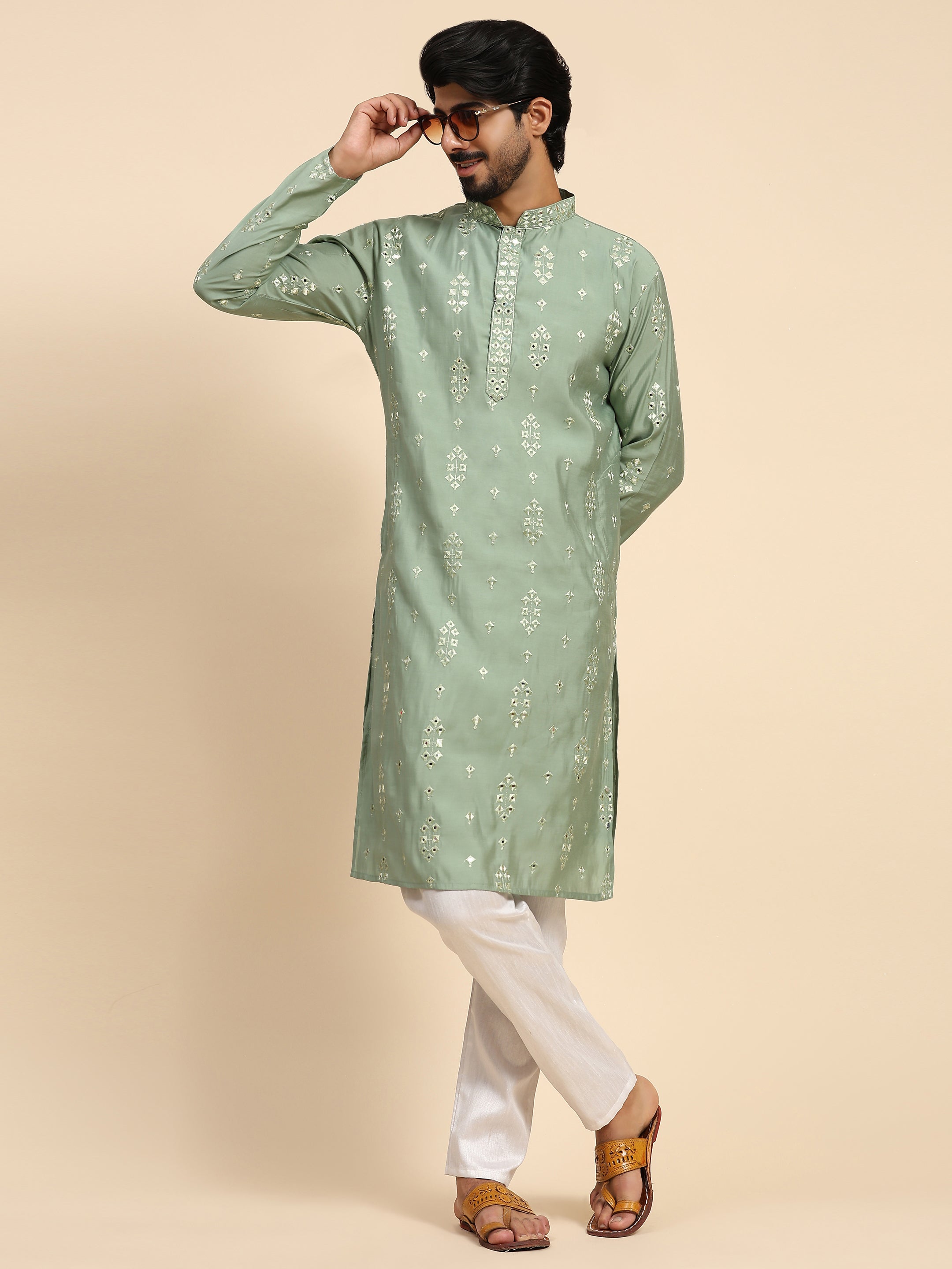 Men's Pastel Green Silk Mirror Kurta Pajama Set