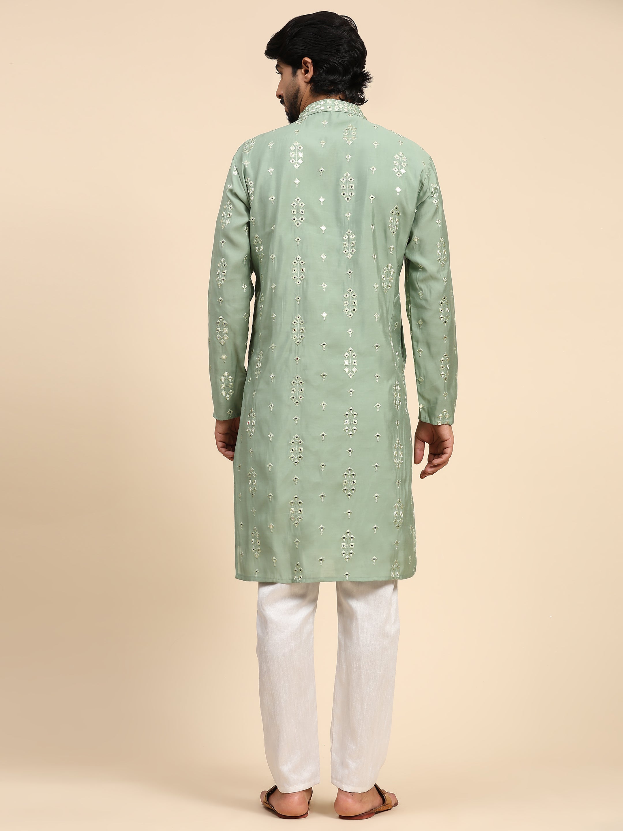 Men's Pastel Green Silk Mirror Kurta Pajama Set