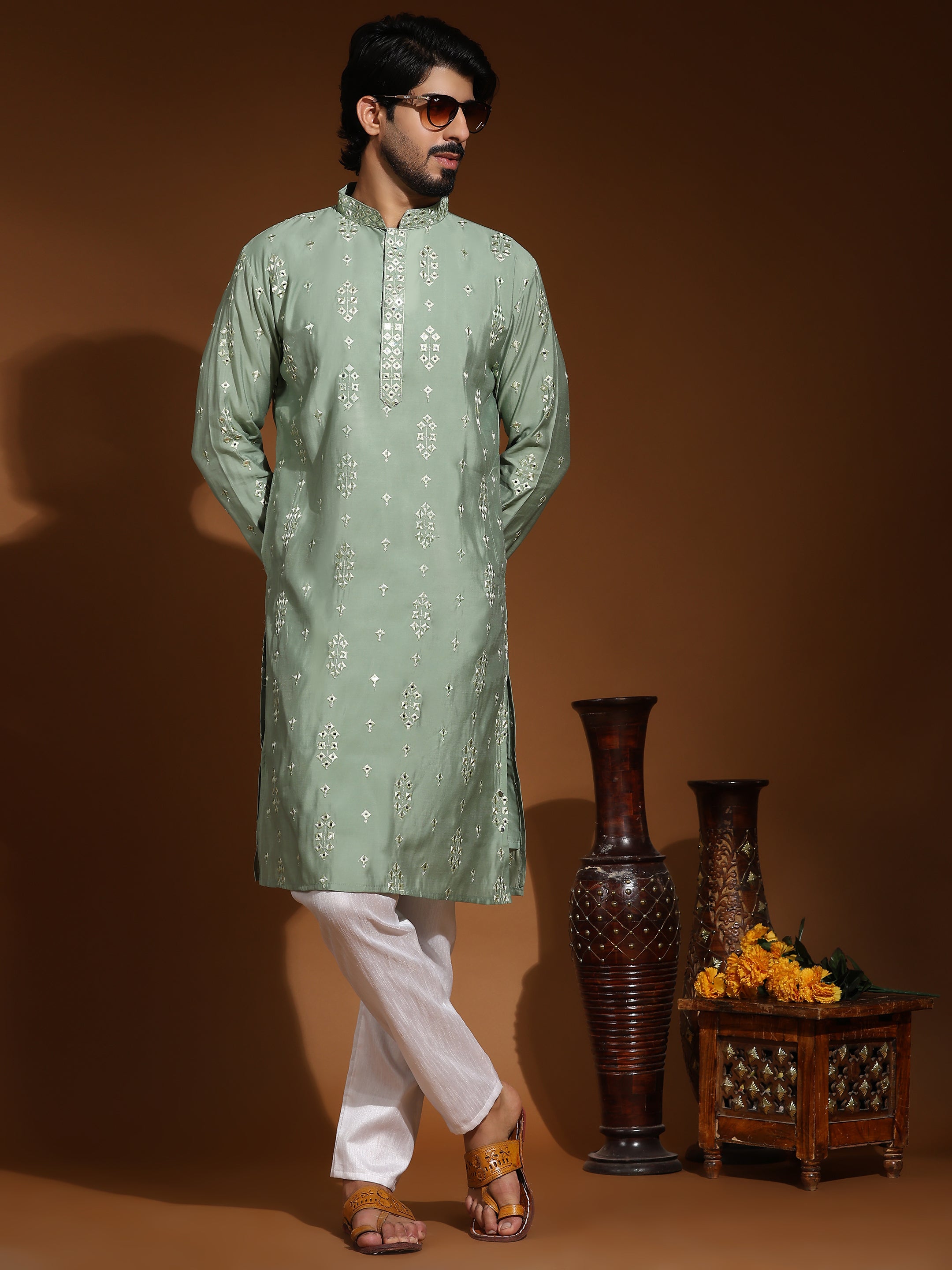 Men's Pastel Green Silk Mirror Kurta Pajama Set