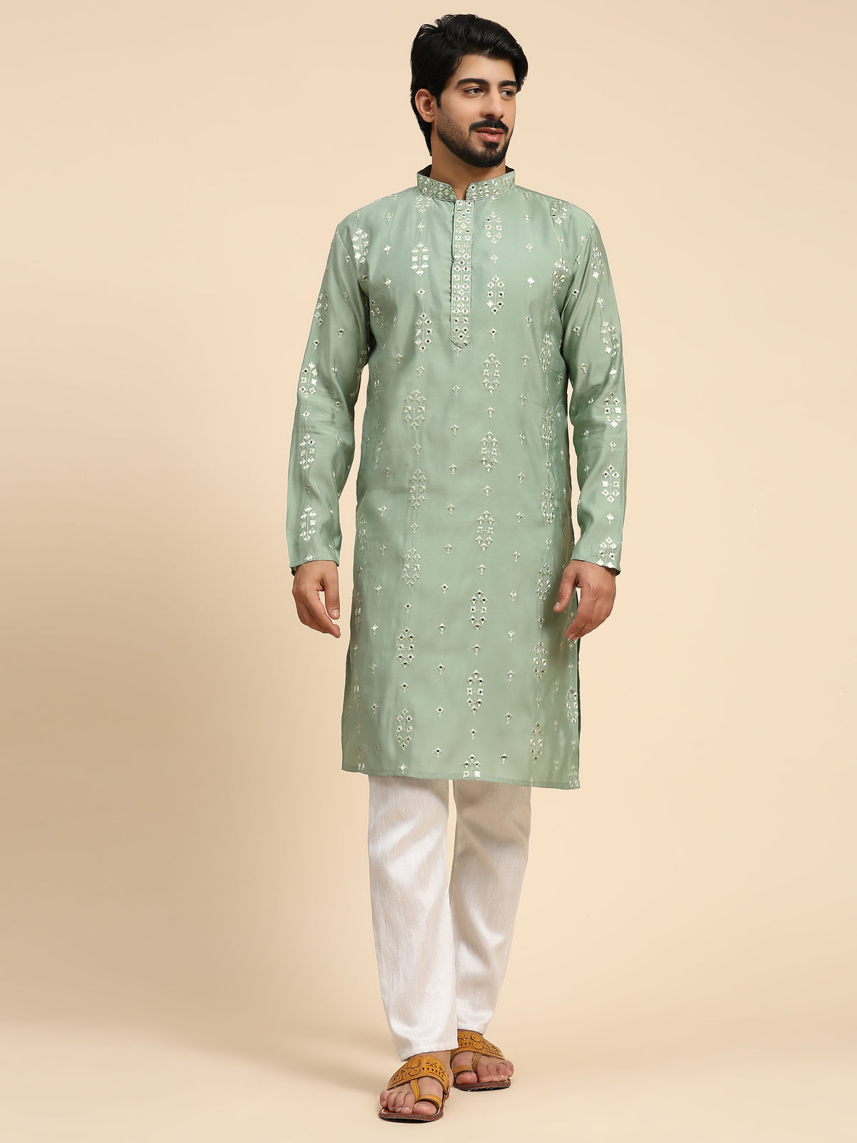 Men's Pastel Green Silk Mirror Kurta Pajama Set