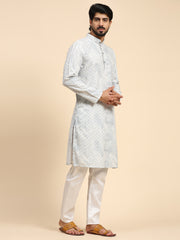 Men's Light Blue Cotton Sequins Kurta Pajama Set