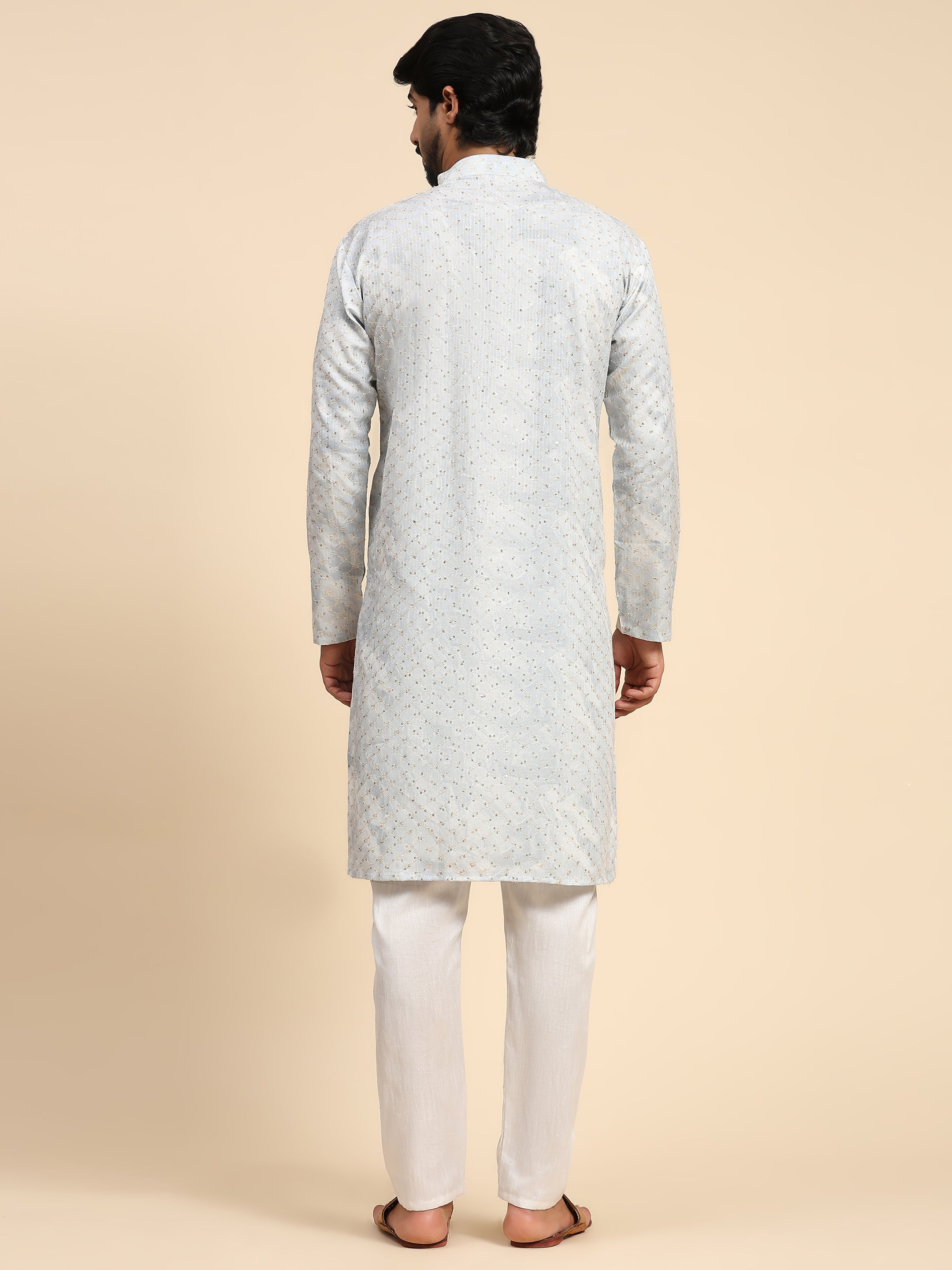 Men's Light Blue Cotton Sequins Kurta Pajama Set