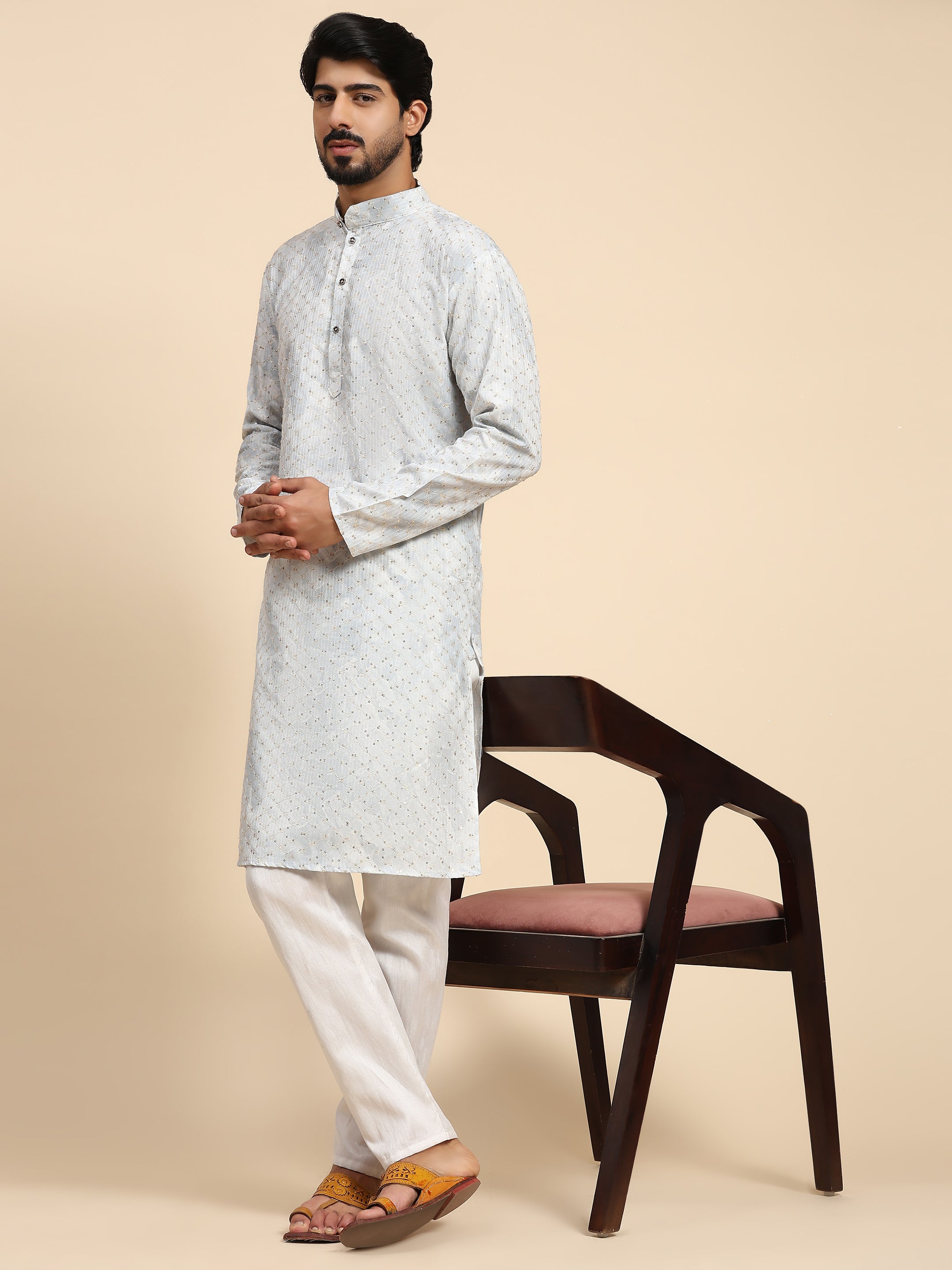 Men's Light Blue Cotton Sequins Kurta Pajama Set