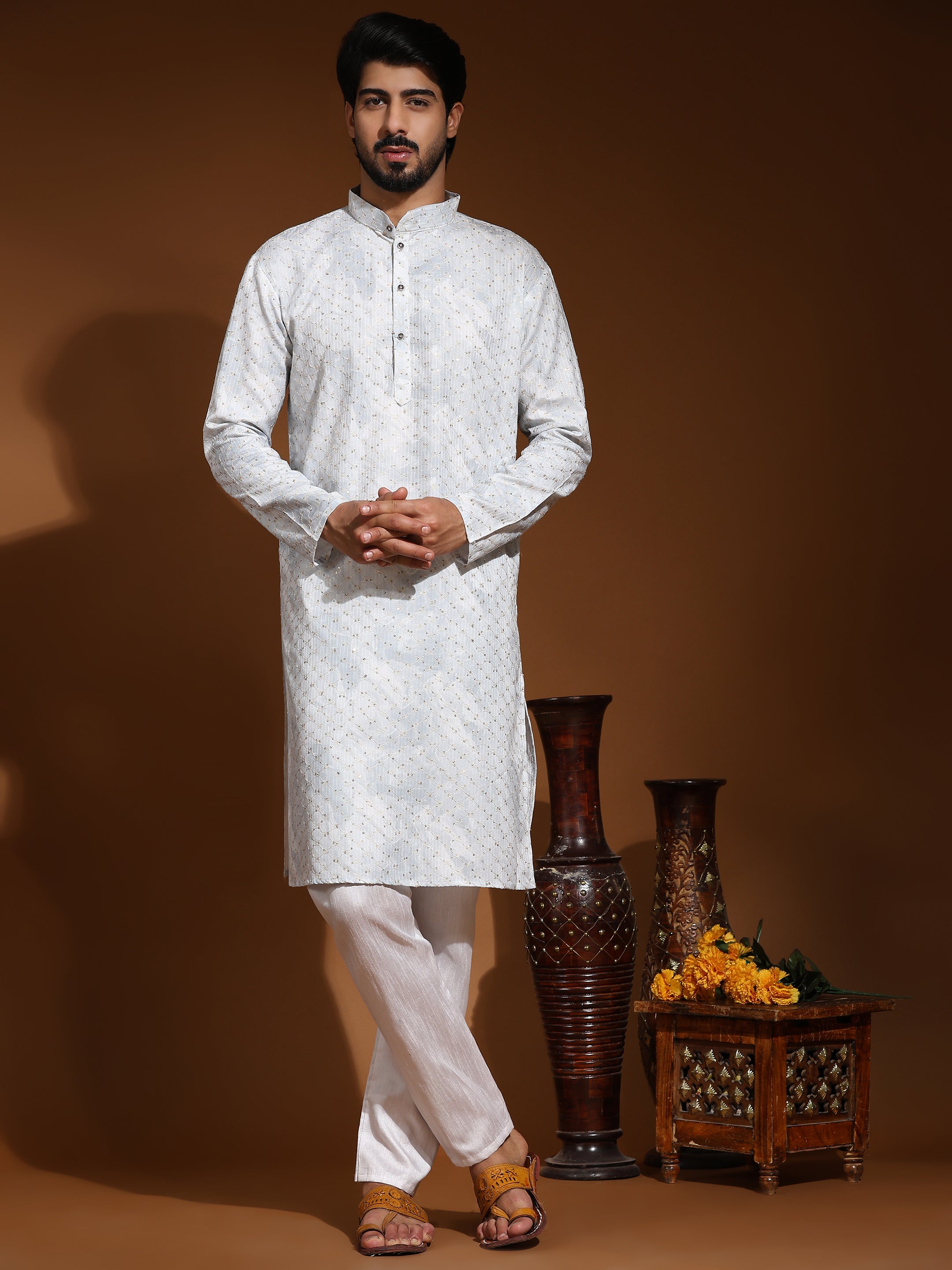 Men's Light Blue Cotton Sequins Kurta Pajama Set