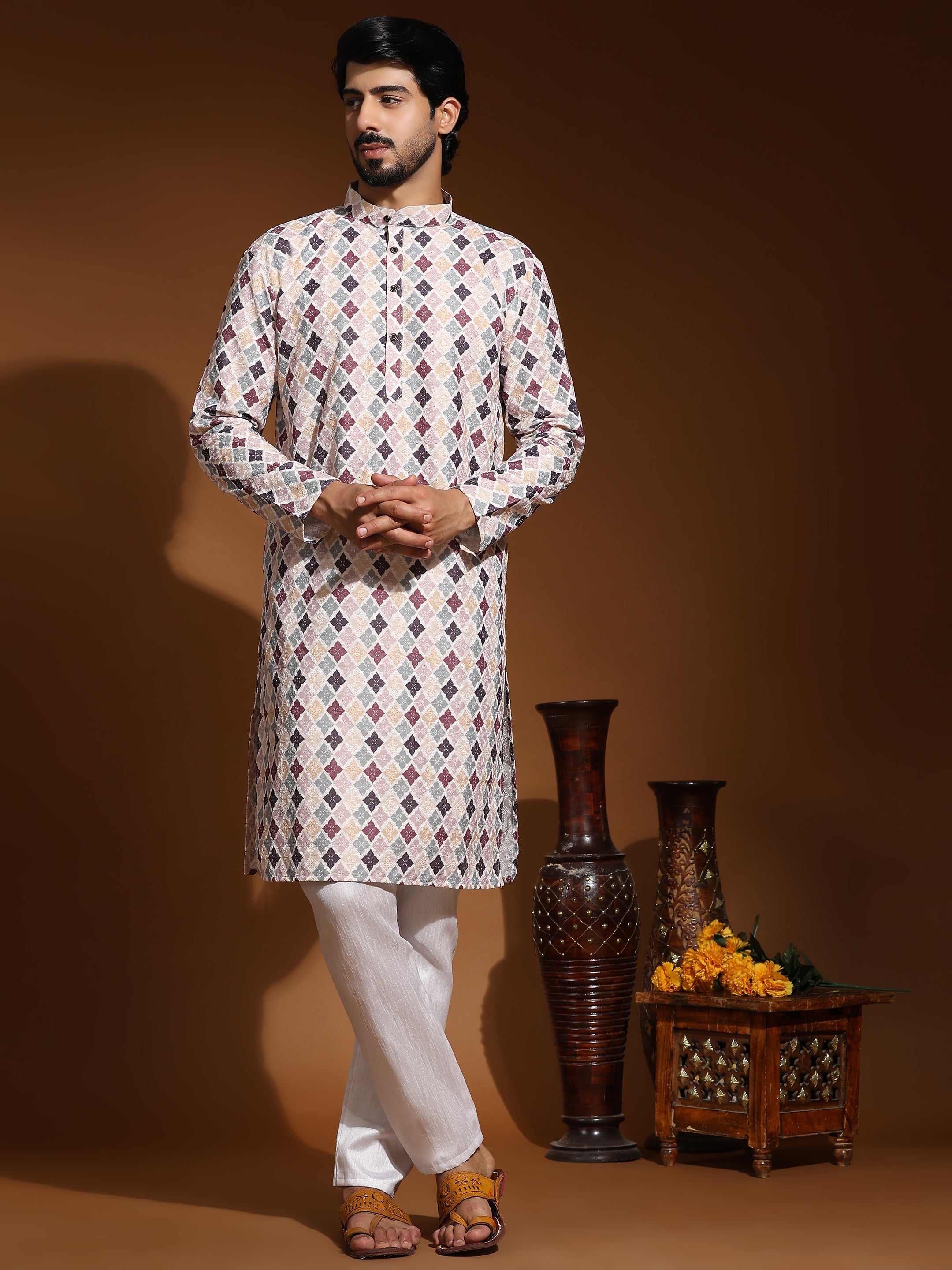 Men's Multi Viscose Cotton Digital Print Kurta Pajama Set