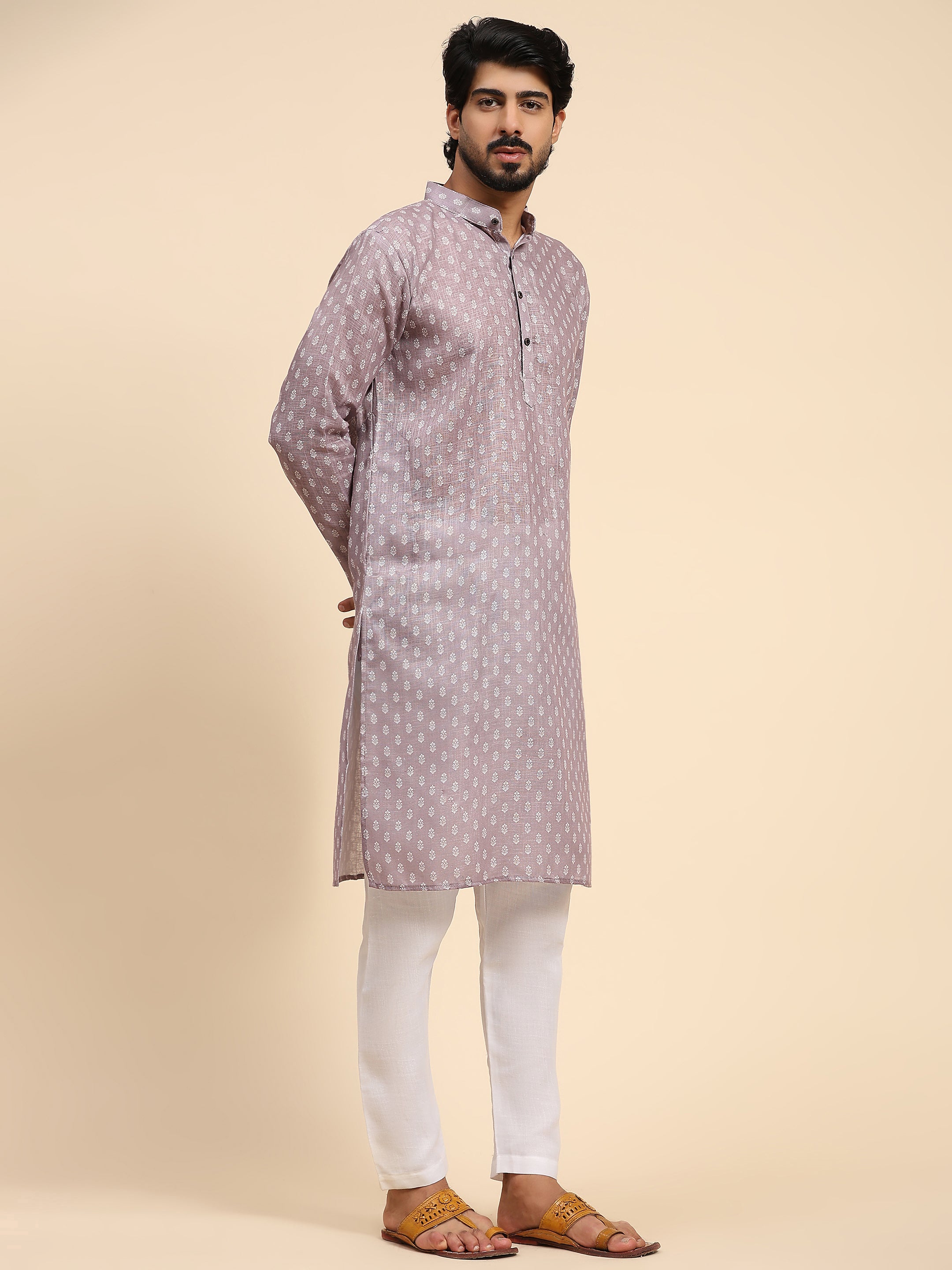 Men's Purple Linen Motif Digital Print Kurta Pajama Set